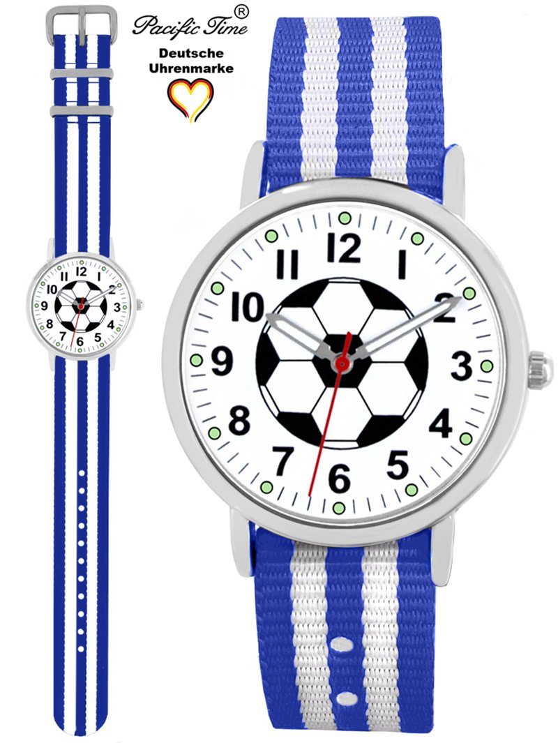 Pacific Time Quarzuhr Kinder Armbanduhr analog Mädchen Jungen Fußball Fan Sport, Wechselarmband Mix and Match - Gratis Versand blau weiss