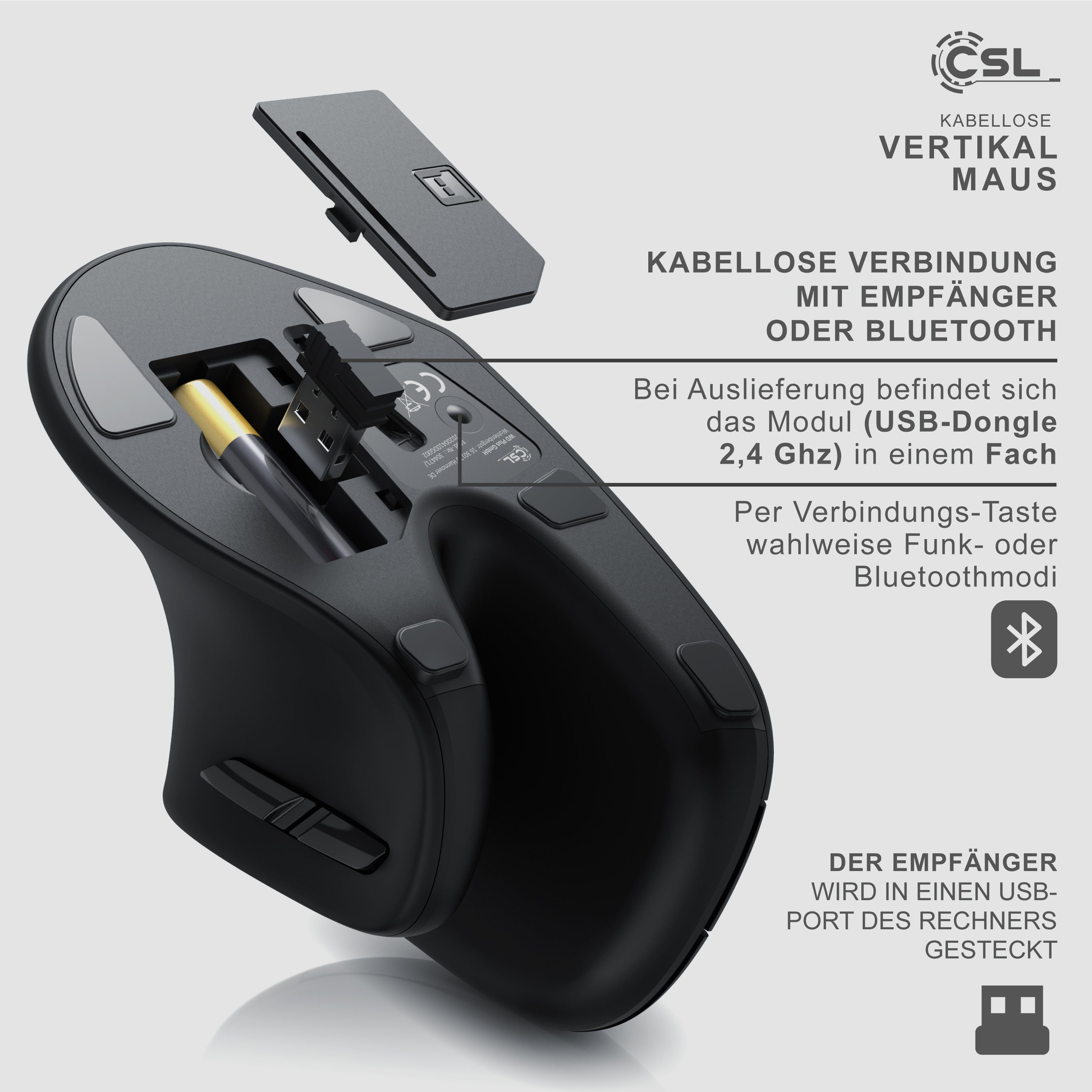 CSL ergonomische Maus (Bluetooth, Funk, 2,4 optische Vertikal Bluetooth, Mouse kabellose & Armschonend) Ghz