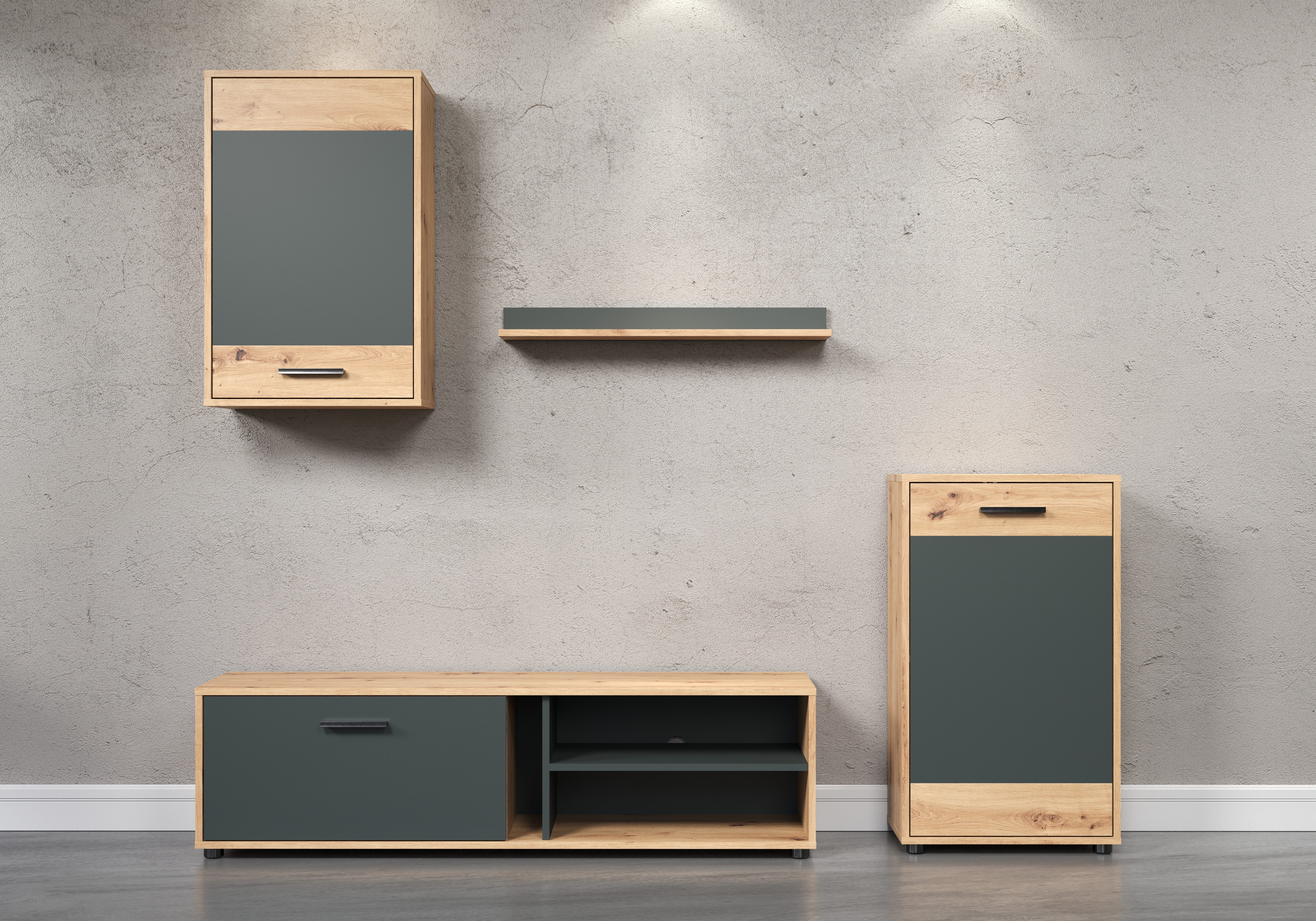 INOSIGN Wohnwand Valetta inkl. TV-Kommode, Hänge-Vitrine, Sideboard und Wandregal, (Komplett-Set, 4-St., 4), inkl. Lowboard, Hängeschrank, Wandboard und Highboard