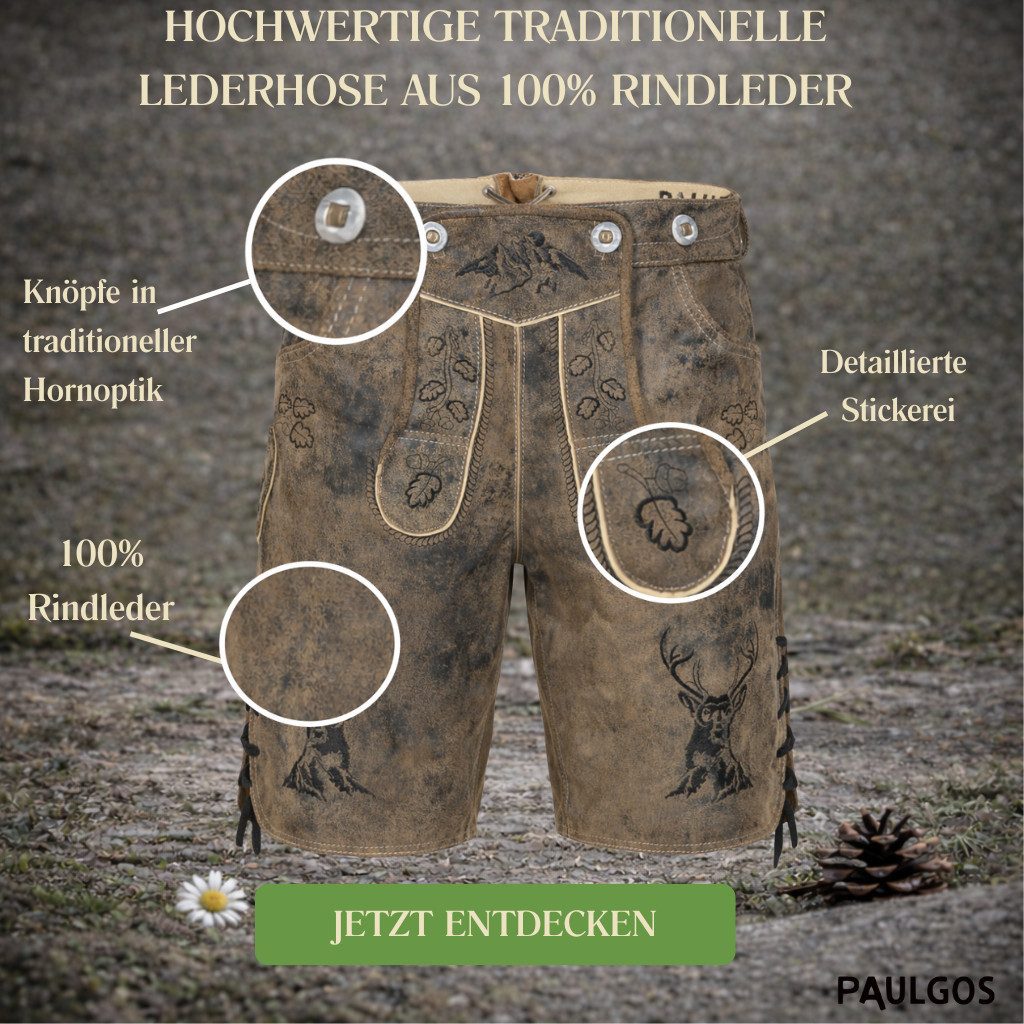 PAULGOS Trachtenhose Herren Lederhose Kurz mit Trägern 100% Echtleder - HK4 ANTIK