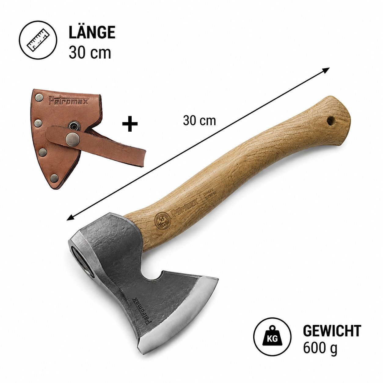 Petromax Beil Petromax Schnitzbeil – Handgeschmiedete Qualität präzise Holzarbeiten, 600 g, 30 cm Länge, (Set, inkl. Lederscheide), Hergestellt in Deutschland, Handgeschmiedet