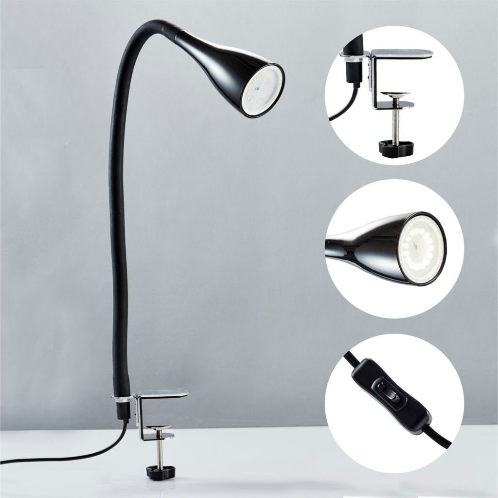 B.K.Licht Tischleuchte LED Klemmleuchte dimmbar flexibel GU10 5W Büro Schreibtisch - BKL1079, LED wechselbar, 3000K - Warmweiß, Tischlampe schwarz Schnurschalter 60cm Leselampe Arbeitszimmer Regal