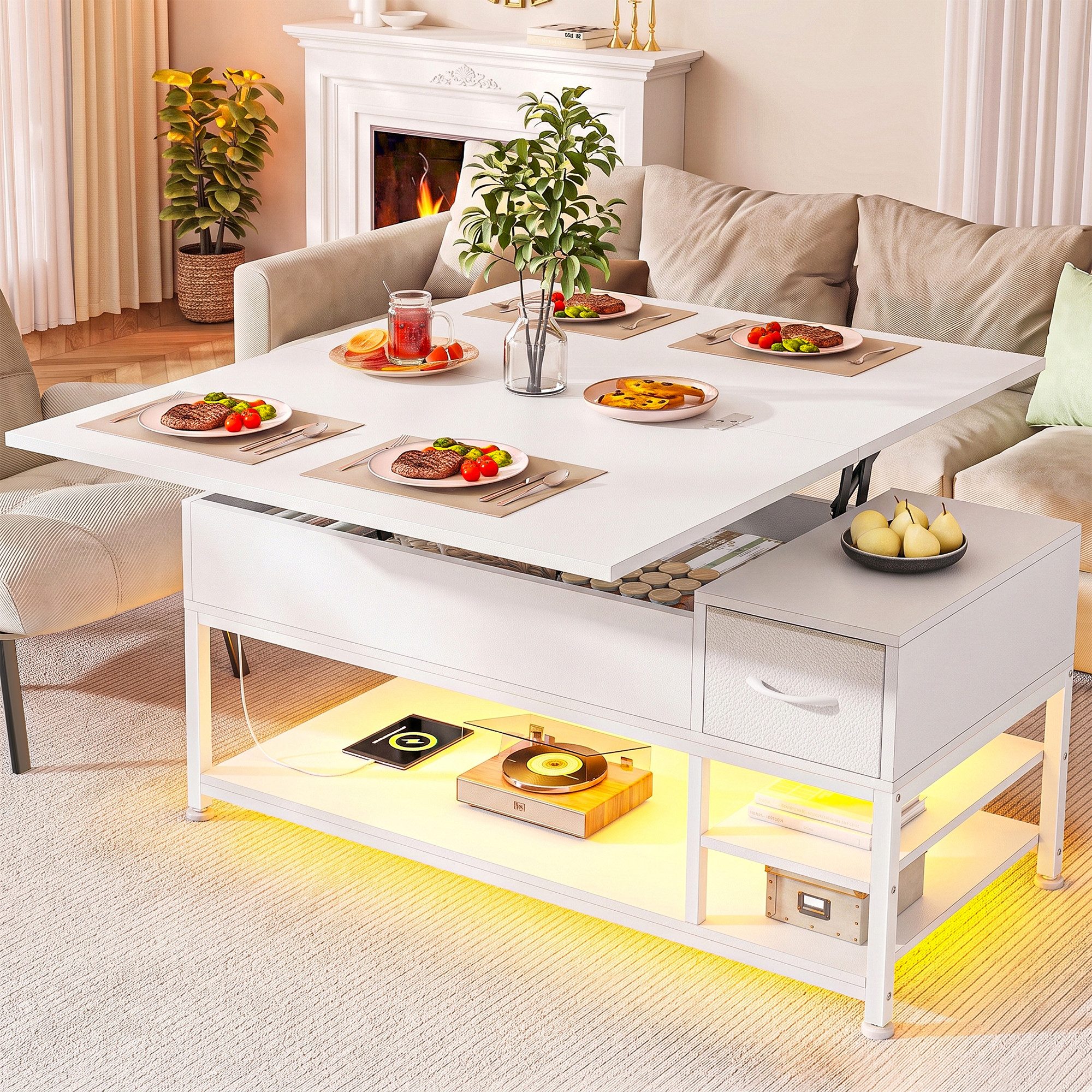 Klyvvo Couchtisch Höhenverstellbar mit LED und Stauraum, 4-in-1 Wohnzimmertisch (1-St), Steckdosen, USB, Coffee Table für Wohnzimmer, Büro, 1 Schubladen