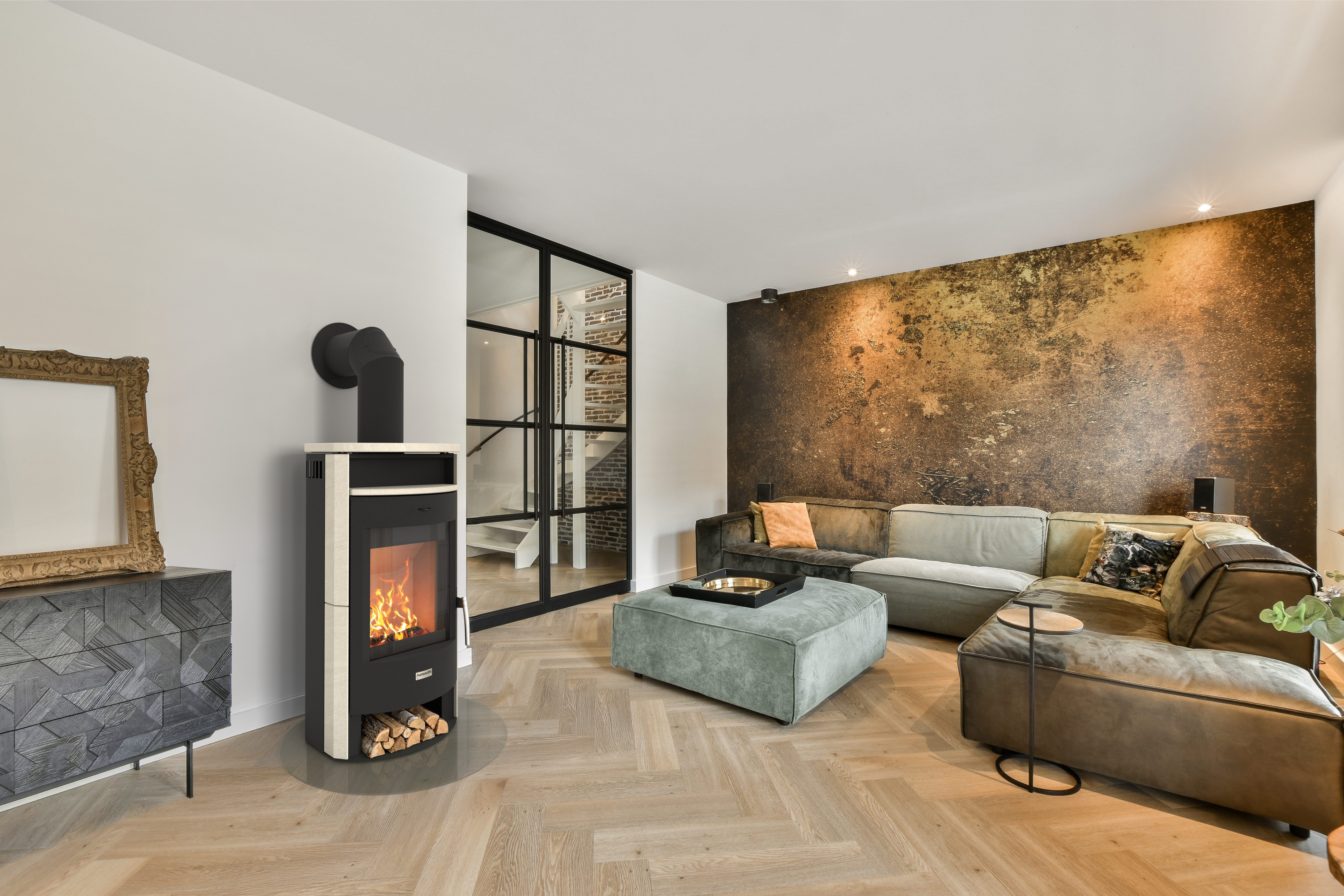 Hanseatic Kaminofen MAIA Naturstein Limestone, Lieferung bis ins Wohnzimmer, 6,2 kW, Zeitbrand, NEU und Exklusiv, toller Kontrast zwischen Stein und Stahl – Bild 2 von 2