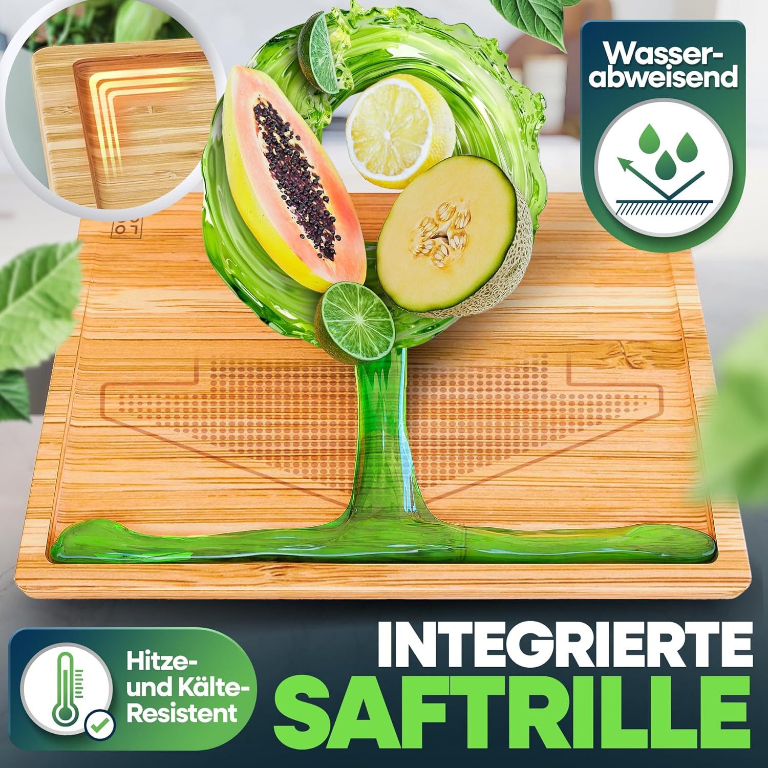 Loco Bird Schneidebrett mit Saftrille - 44,8x30x2 cm großes Holz-Brett für die Küche, Bambus, (1-St., XXL Tranchierbrett), Antibakterielles Holzbrett