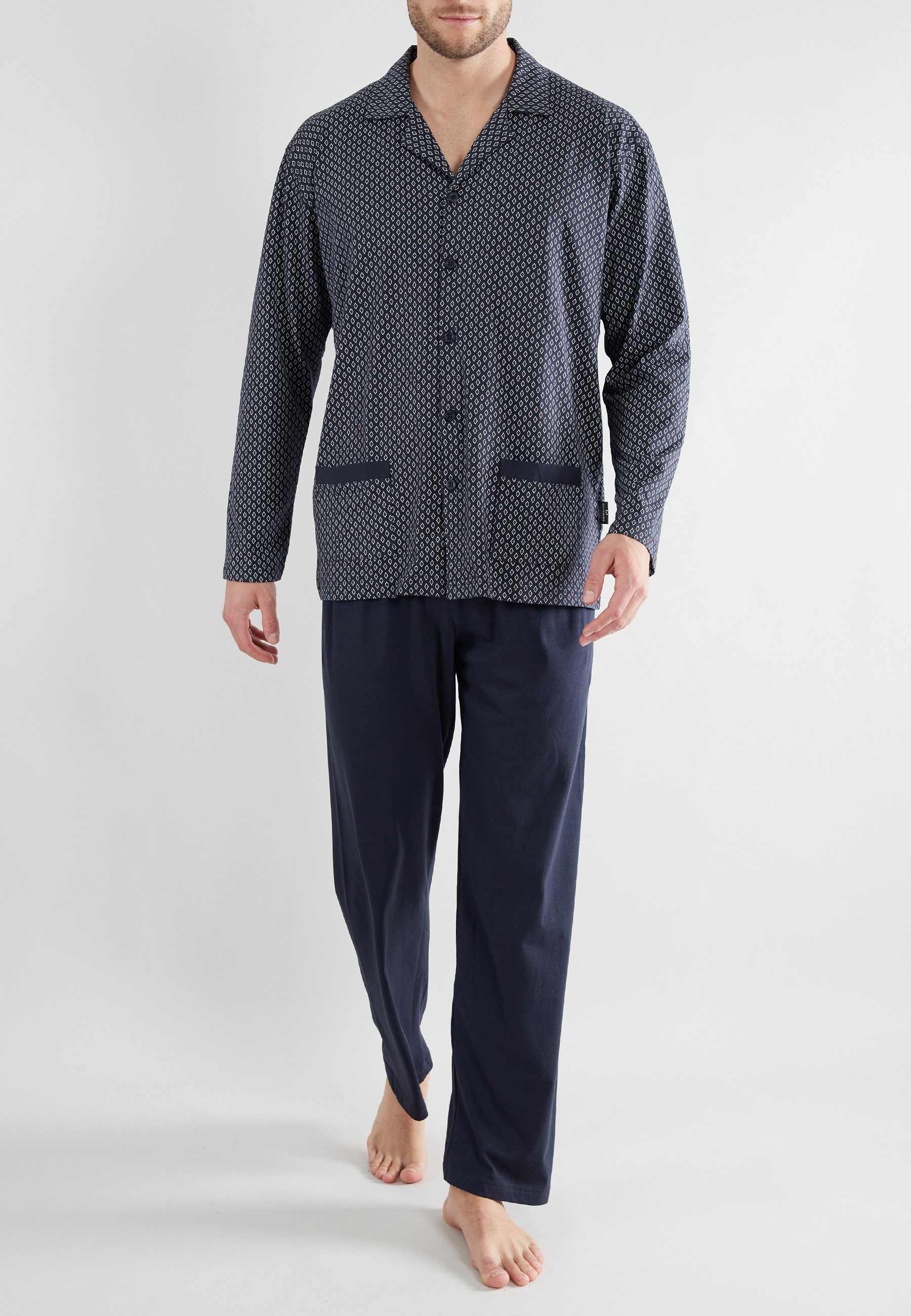 GÖTZBURG Pyjama Manhattan (2 tlg) mit Kragen, Langarm, V-Ausschnitt, lange Hose, Baumwolle, weich