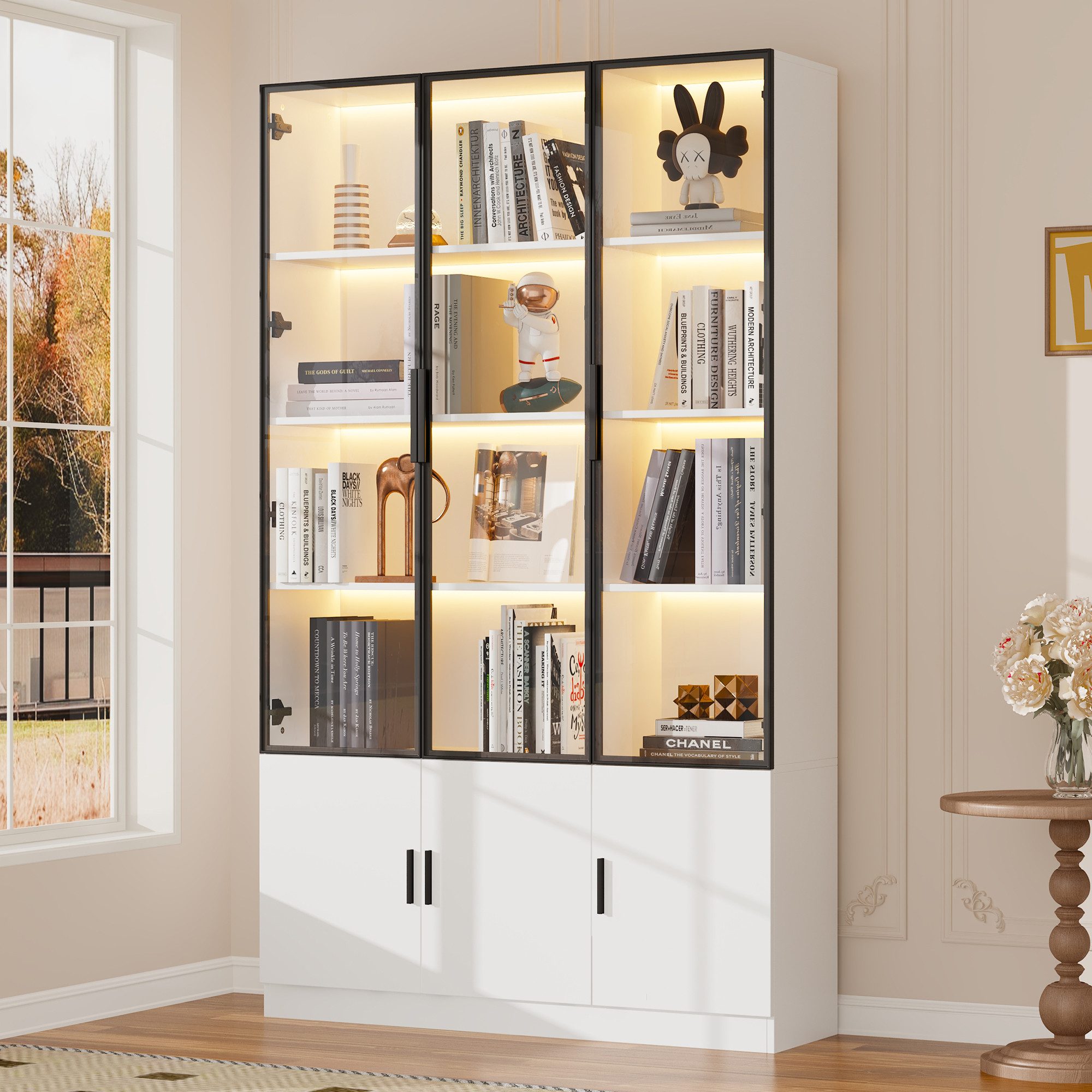 Odikalo Vitrine Vitrinenschrank Glasvitrine mit LED (mit 6 Schranktüren, Hochschrank, Glasvitrine mit LED, Wohnzimmerschrank 120 cm breit, Multifunktionsschrank, Großer Schrank, Weiß)