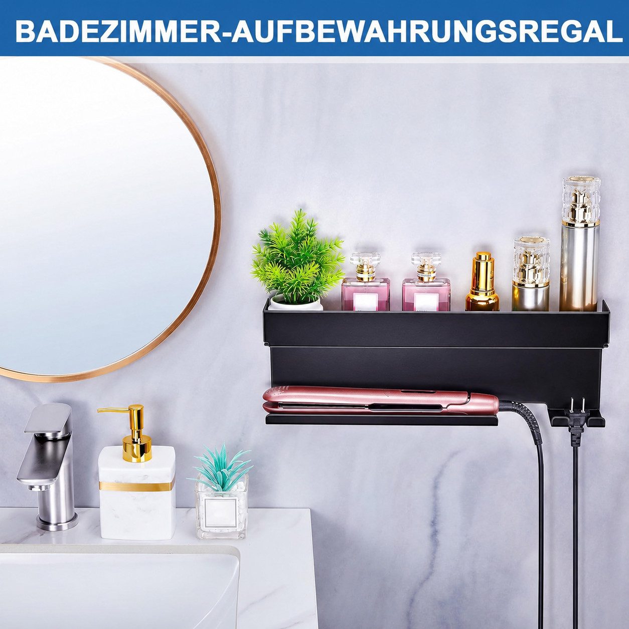 SURFOU Haartrocknerhalter und Glätteisenhalter für Wandhalterung, (Aufbewahrungsregal für Glätteisen, Lockenstab, Zubehör, Aluminium)