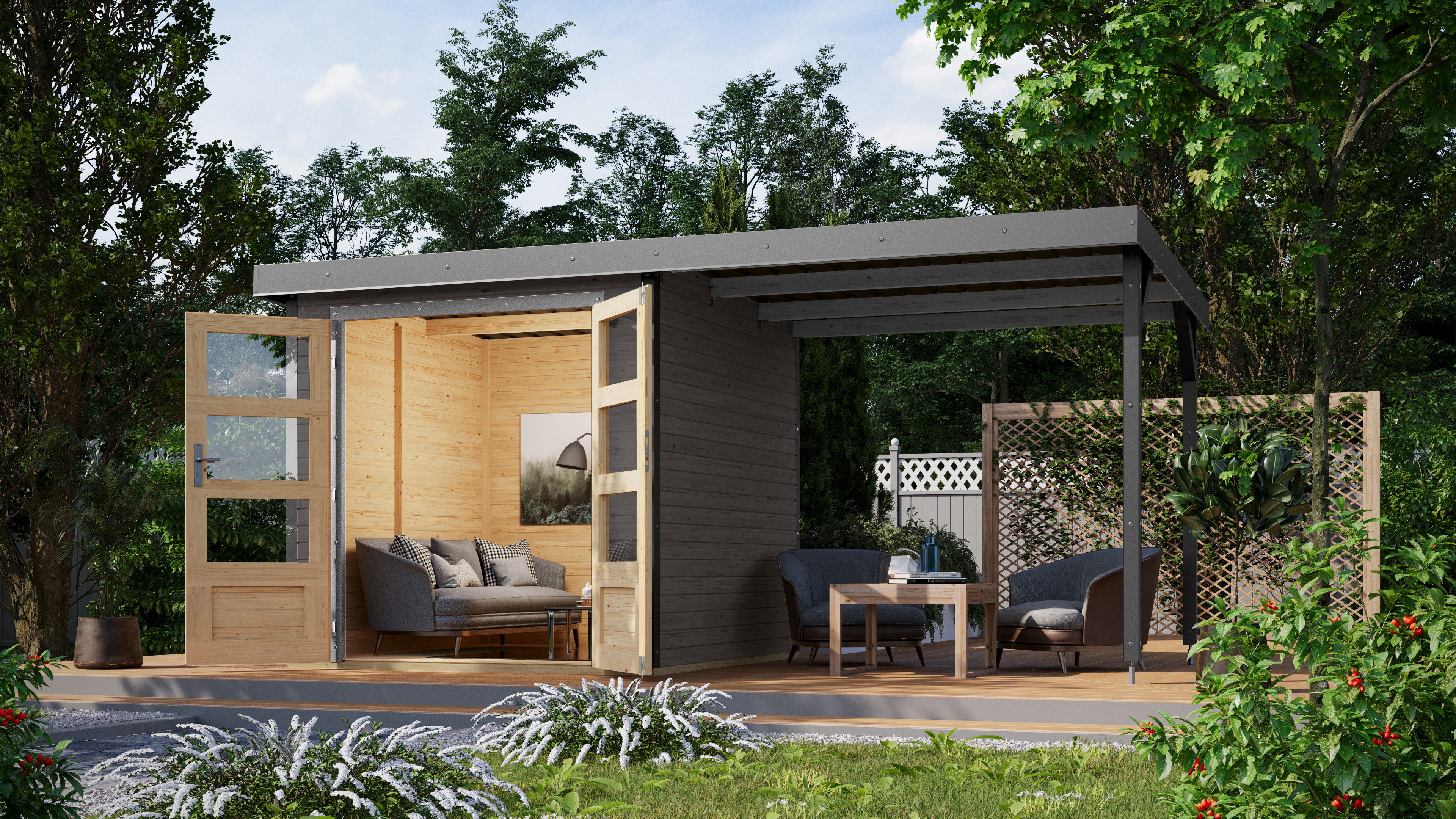 Karibu Gartenhaus Jupiterino 2 SET, in verschiedenen Farben, BxT: 453x235 cm, (Set), inkl. Anbaudach, Made in Germany