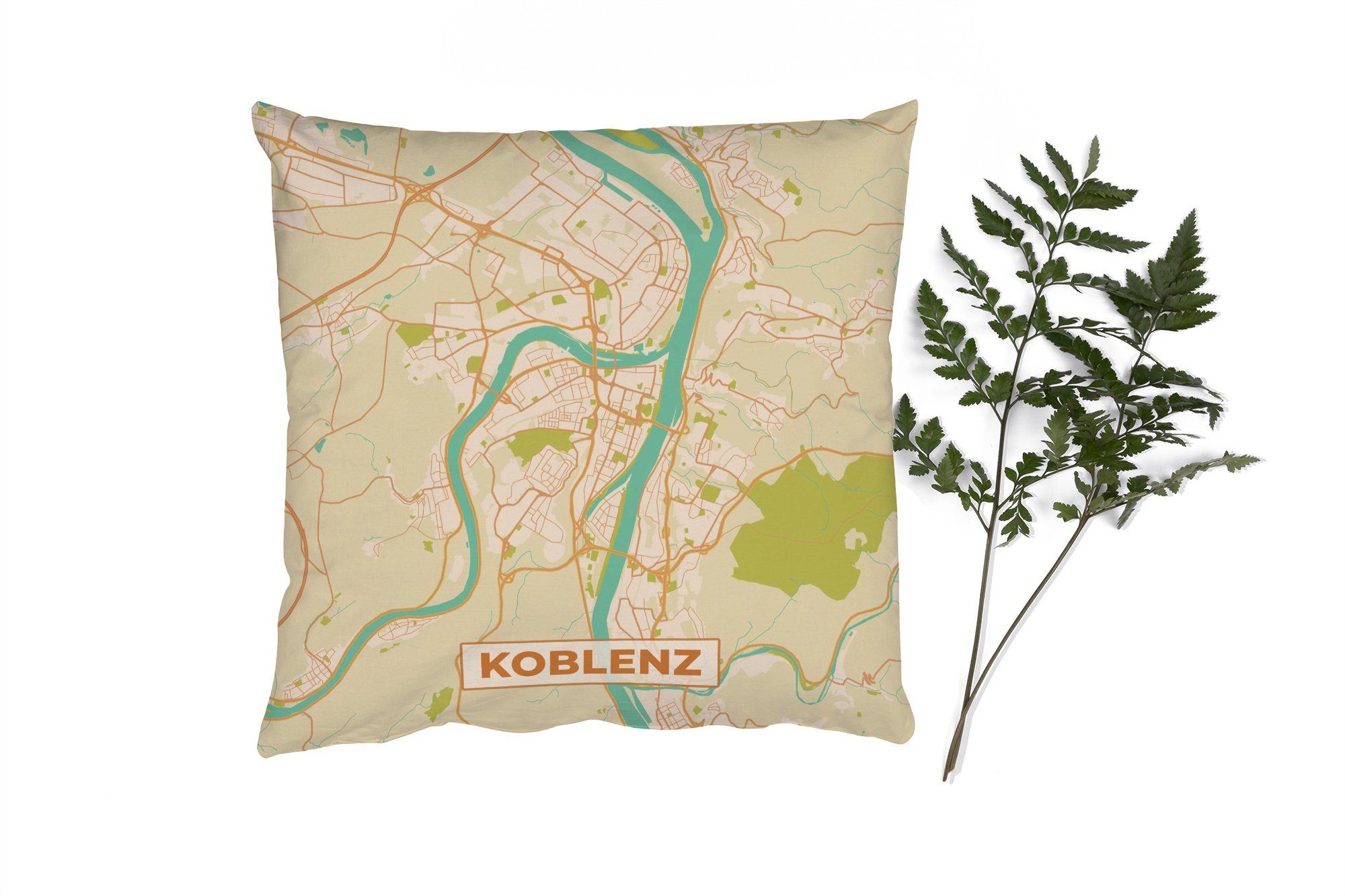 MuchoWow Dekokissen Koblenz - Jahrgang - Karte - Stadtplan, Zierkissen mit Füllung für Wohzimmer, Schlafzimmer, Deko, Sofakissen