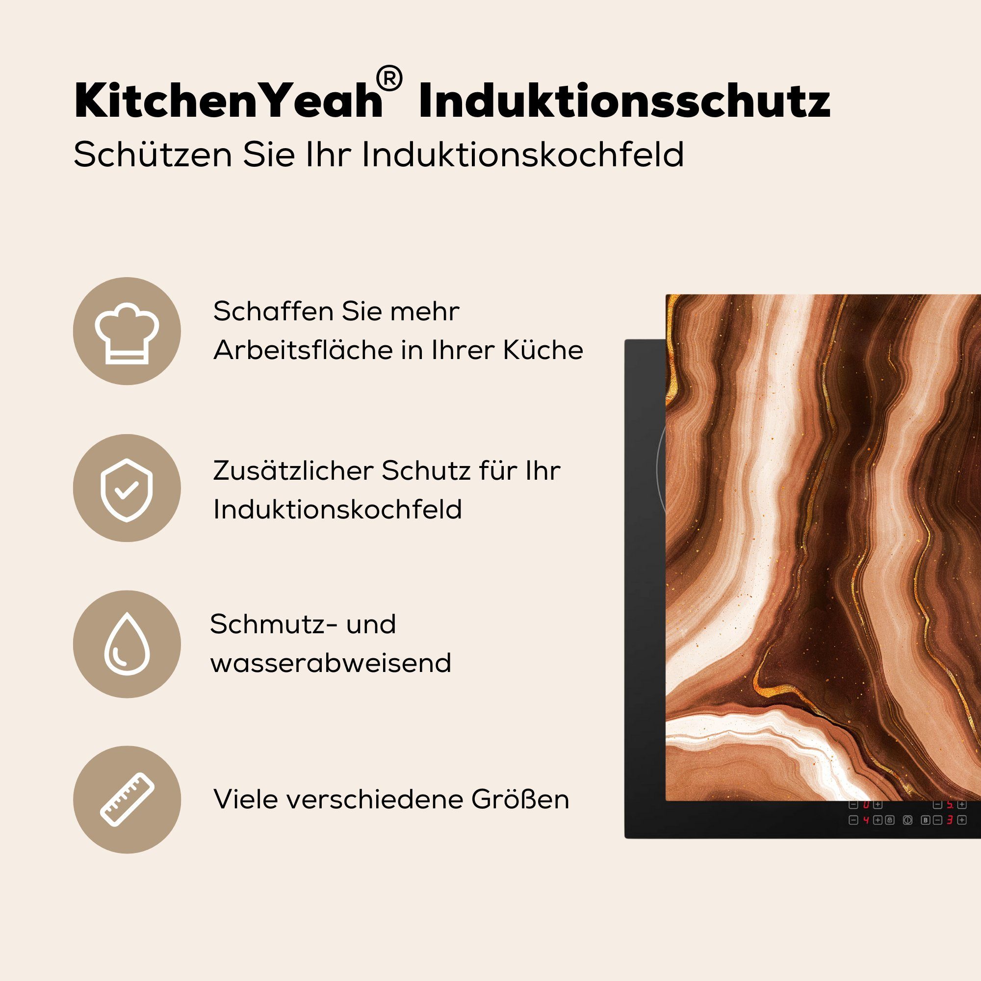 MuchoWow cm, Vinyl, Induktionsherd, für Braun Küchen (1 Induktionskochfeld - Stein, Herdblende-/Abdeckplatte Dekoration Geode Gold tlg), - 58x51 - Achat