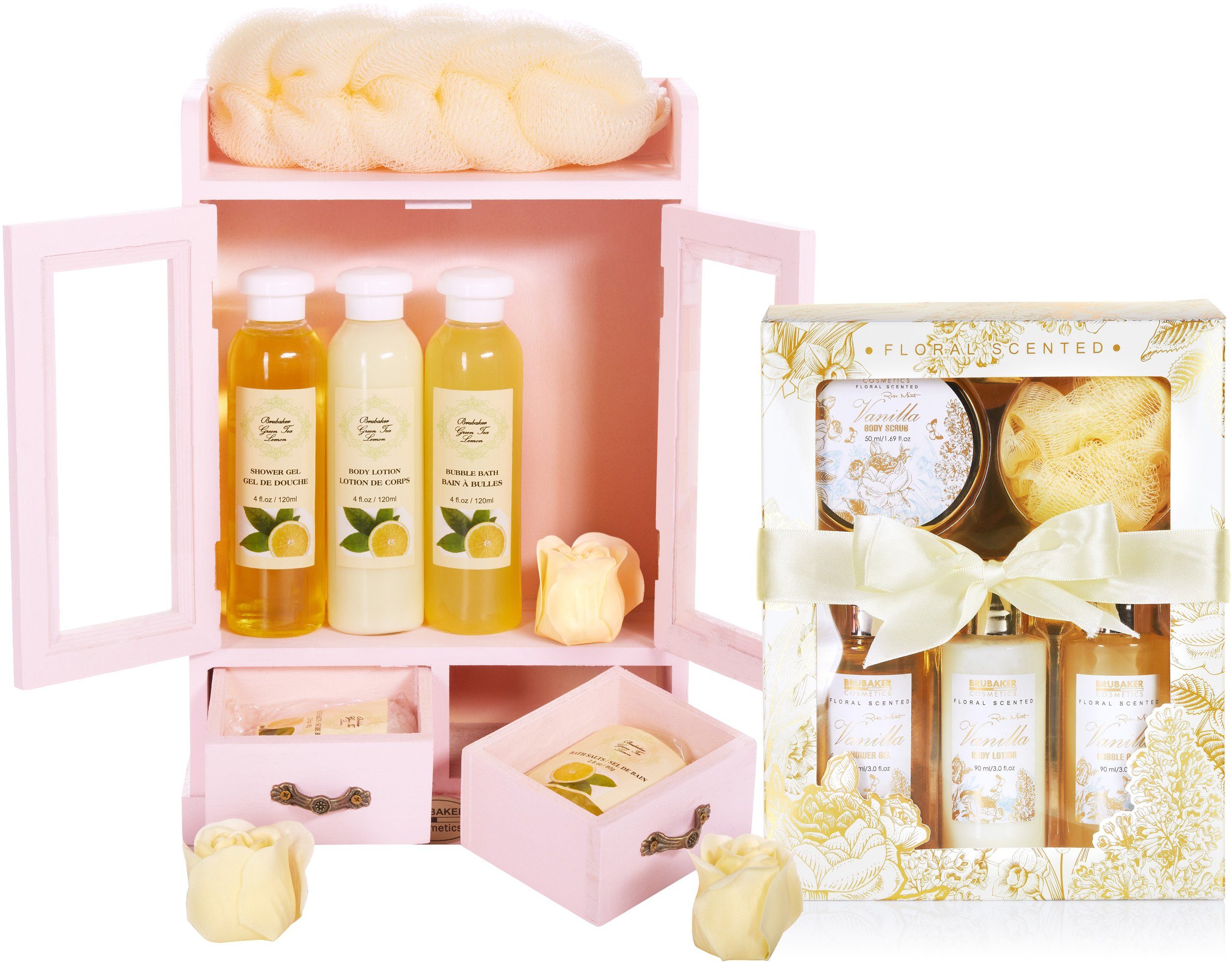 BRUBAKER Pflege-Geschenkset 2 in 1 Pflegeset Grüner Tee Lemon & Vanilla Rose Minze - Wellness Set 15-tlg., Damen Dusch- und Badeset - Frauen Beauty Geschenkset mit Dekoration mehr