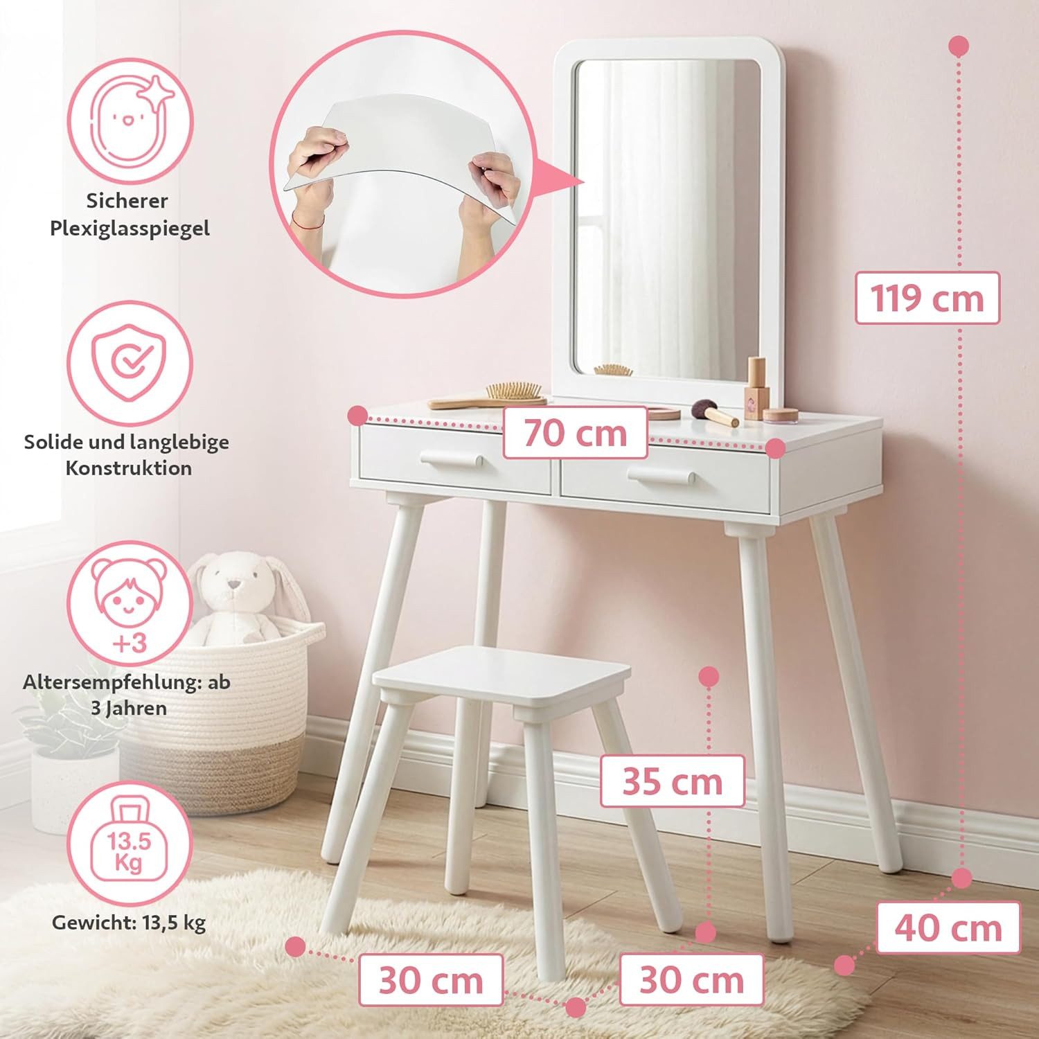 Green Series Schminktisch Holz Schminktisch Kinder – sicher & kreativ – mit Hocker & Spiegel, Lustro z plexi i dwie szuflady