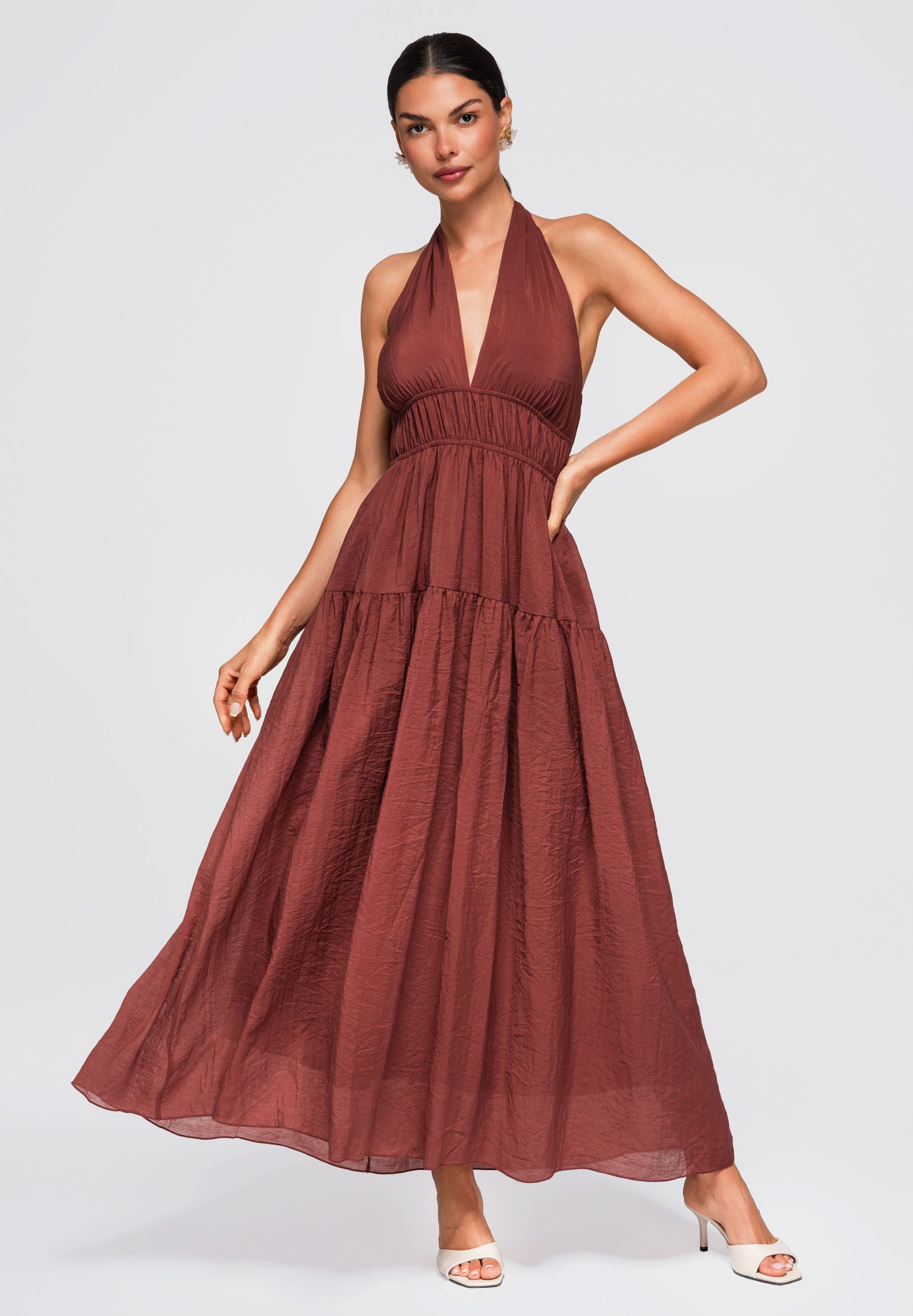 OMBRE Maxikleid Damen Maxikleid mit V-Ausschnitt elegant Braun M (kein Set, 1-tlg)
