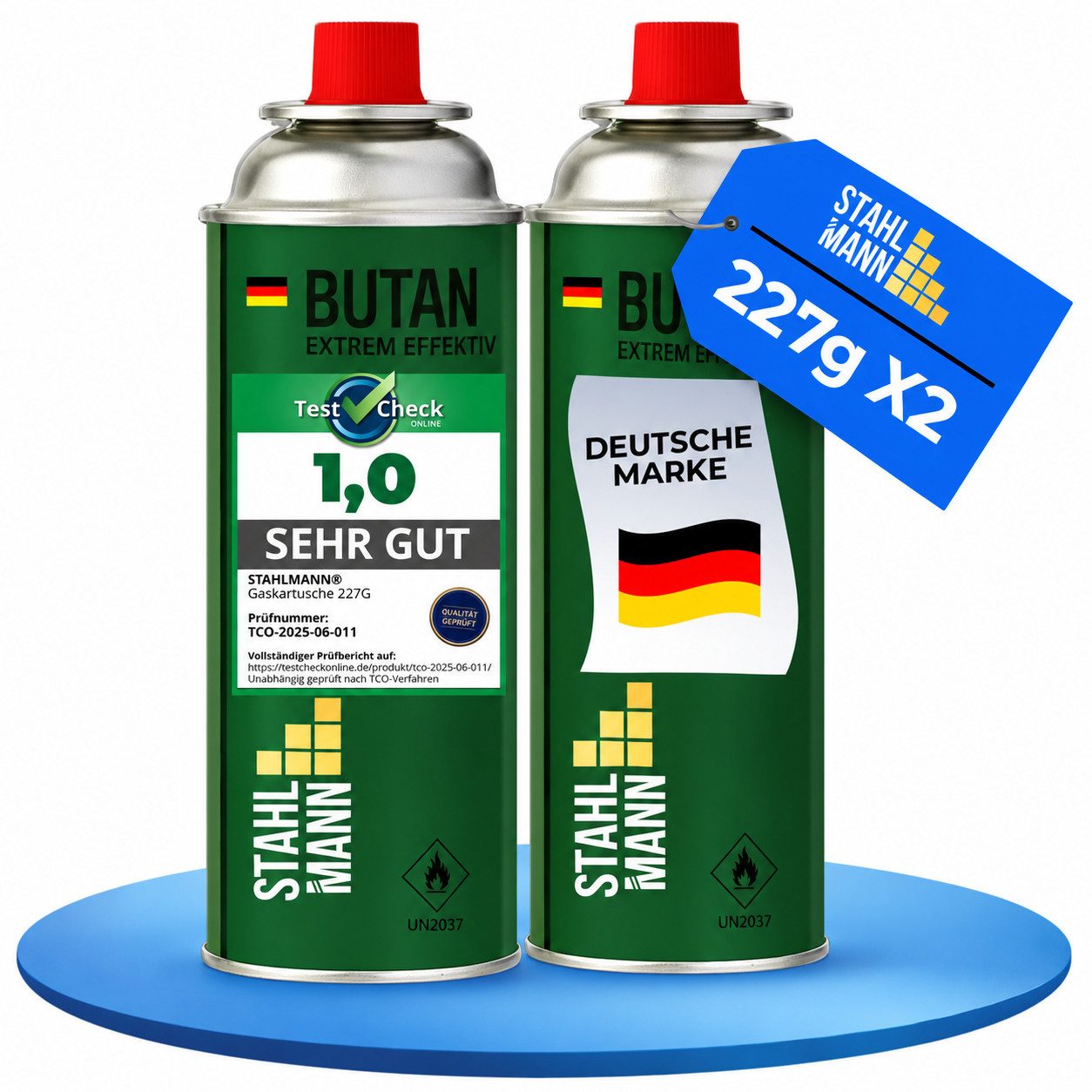 STAHLMANN COMMERCE GmbH Gaskartusche Gaskartuschen 28x 227 g [Made in EU] Butangas MSF-1a Ventil EN417, Zubehör für Gaskocher,Unkrautbrenner,Gasbrenner,Campingkocher, 2 St., 28 x 227 g · Made in EU · MSF-1a Ventil · EN417