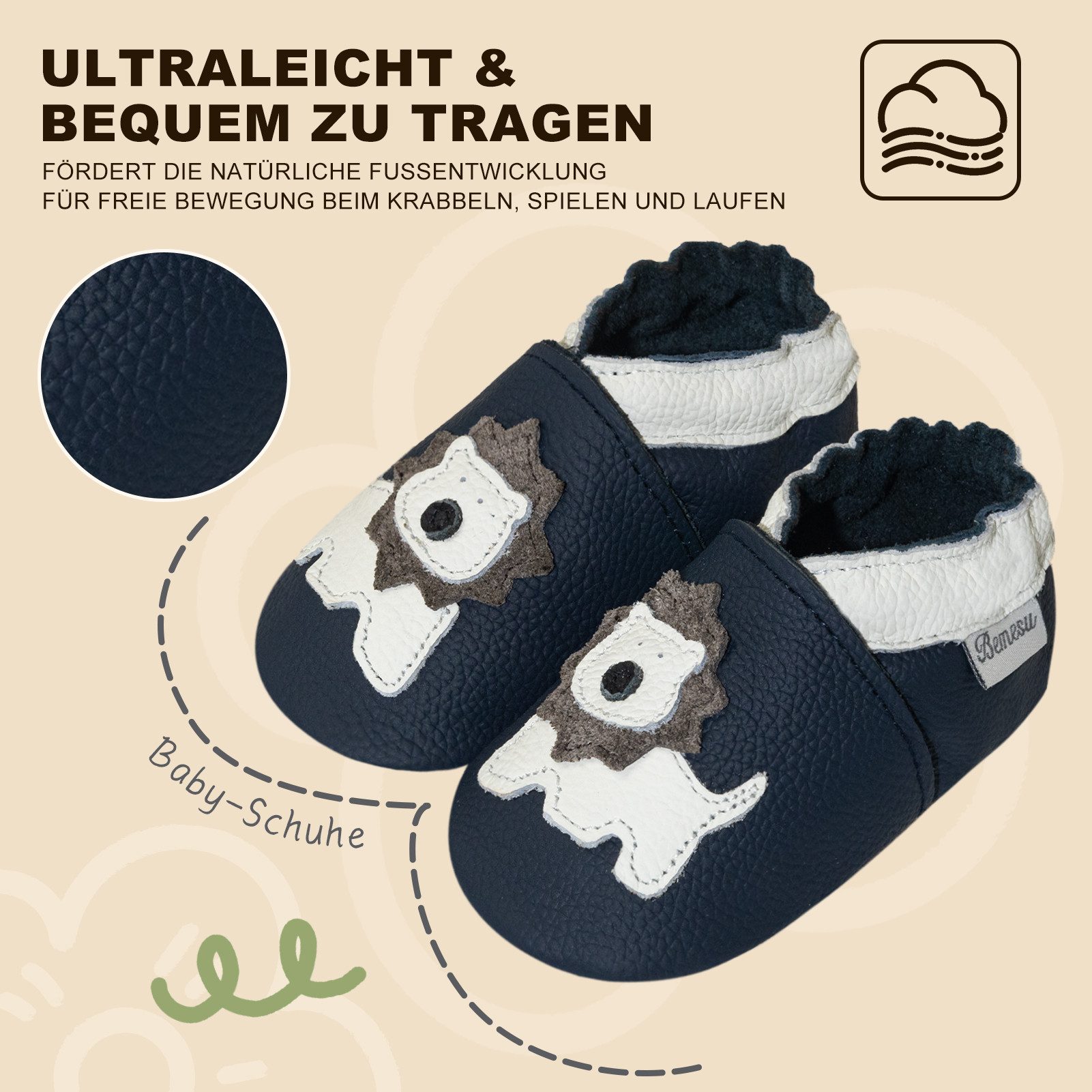 Bemesu Baby Leder Hausschuhe für Jungen Krabbelschuh (1-tlg)