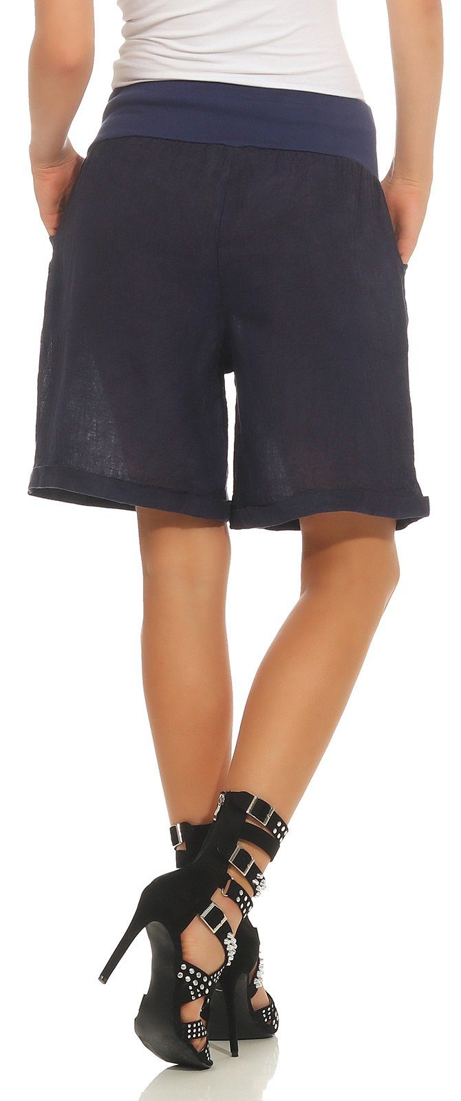 Schwarz 100 280 Unifarbe Leinen Leinenshorts Damen Mississhop in mit % Shorts Leinenhose Bermuda elastischem Hose kurze Bund,