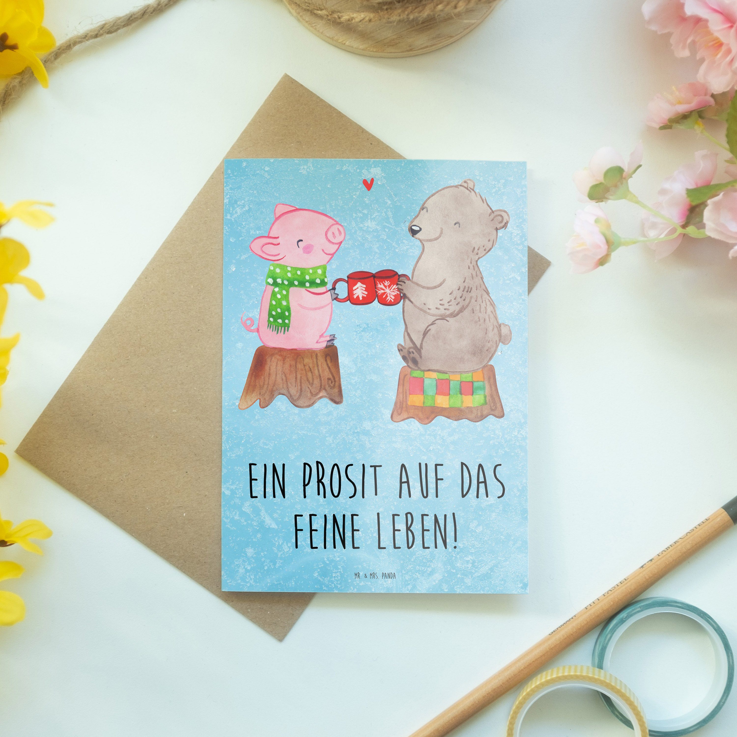 Mr. & Mrs. Panda Grußkarte Glühschwein Sause - Eisblau - Geschenk, Prost, Bär, Alles Gute, Winte