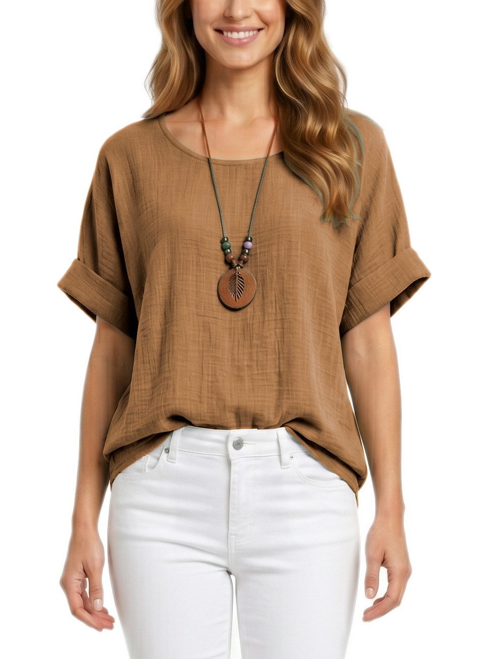 dy_mode Kurzarmbluse Damen Kurzarm Bluse Leichte Sommer Tunika Baumwollbluse Oberteil in Unifarbe, mit passende Kette