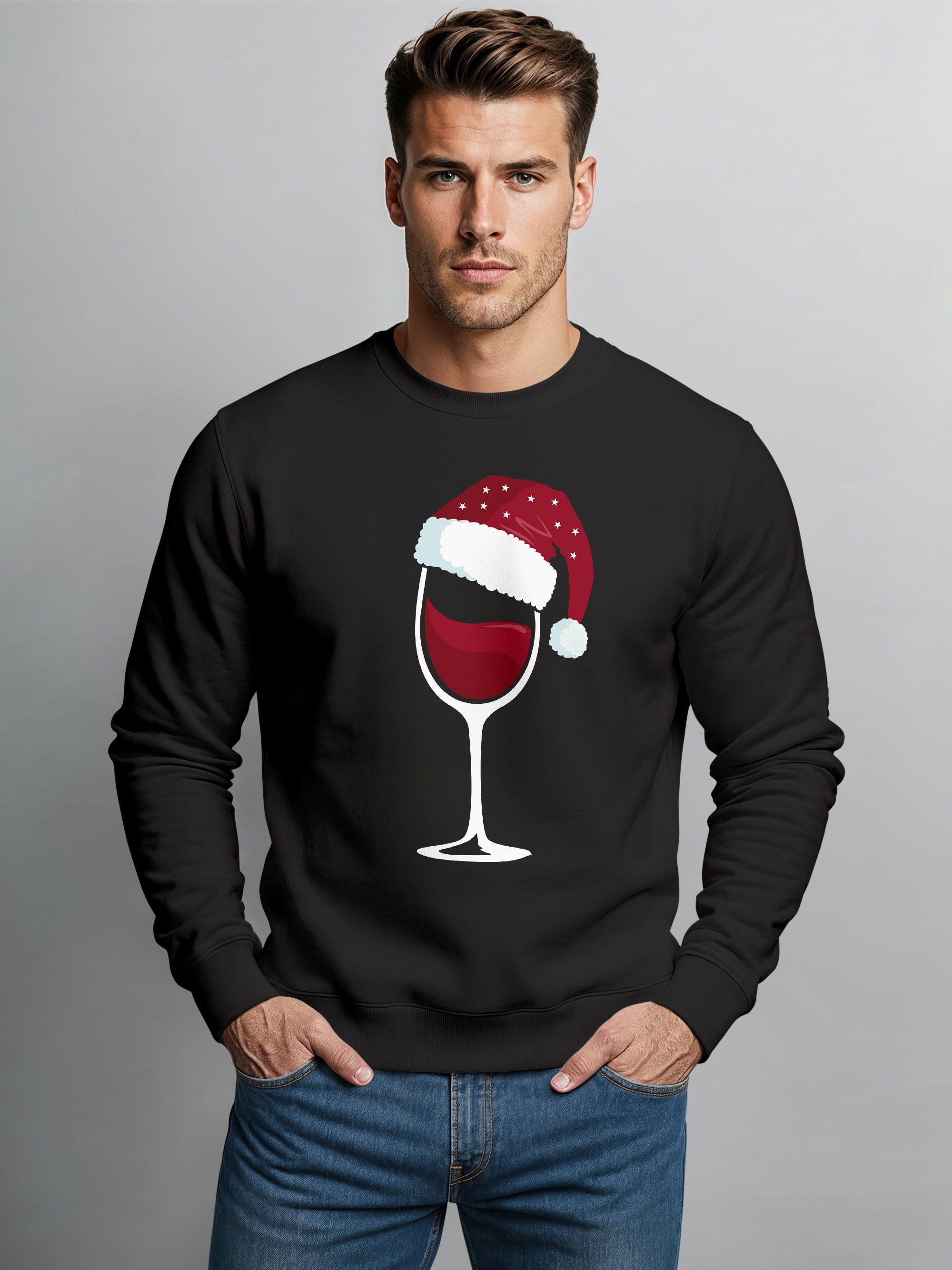MoonWorks Sweatshirt Sweatshirt Herren Weihnachten Weinglas mit Weihnachtsmütze