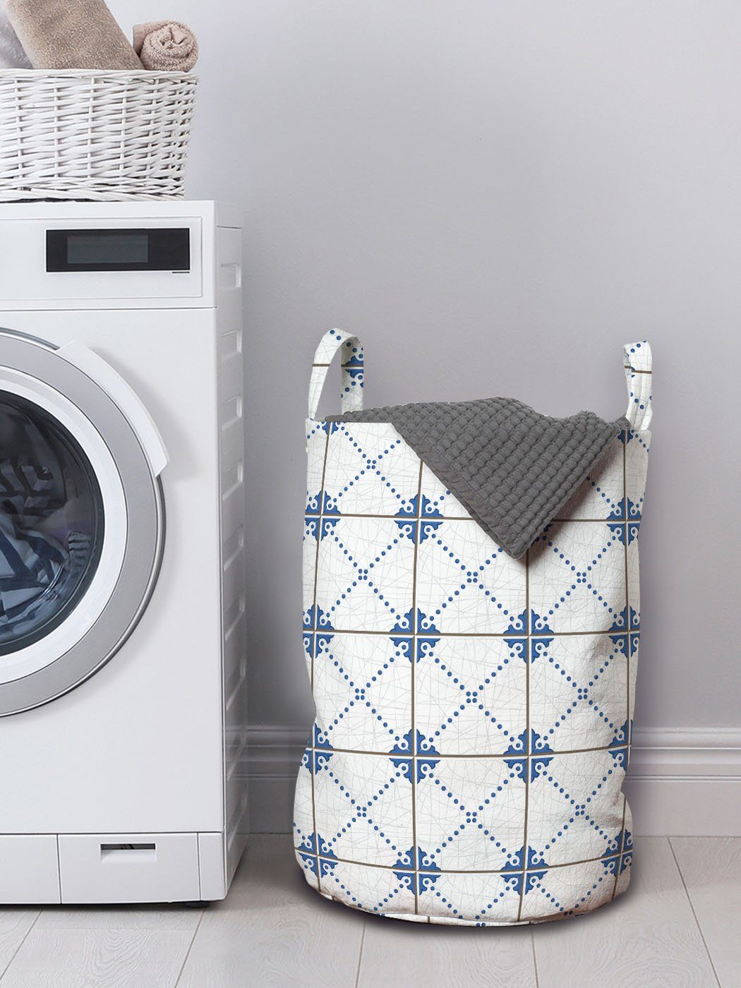 Abakuhaus Wäschesäckchen Wäschekorb mit Kordelzugverschluss Portugiesisch-Mosaik-Fliesen Jahrgang Waschsalons, Griffen für