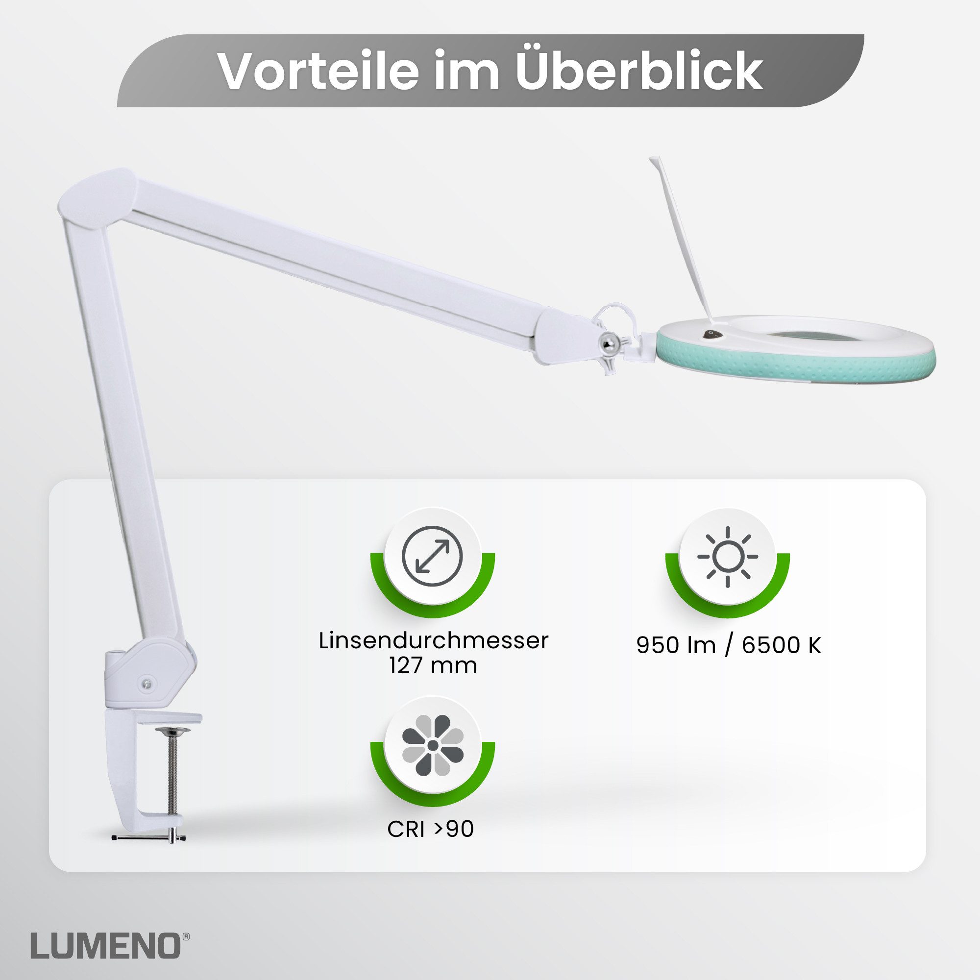 Lumeno Lupenlampe 721X LED Lupenleuchte CRI>90 mit Tischklemme und 127 mm Echtglaslinse, LED fest integriert, Kaltweiß, 6500 K, LED Leuchte