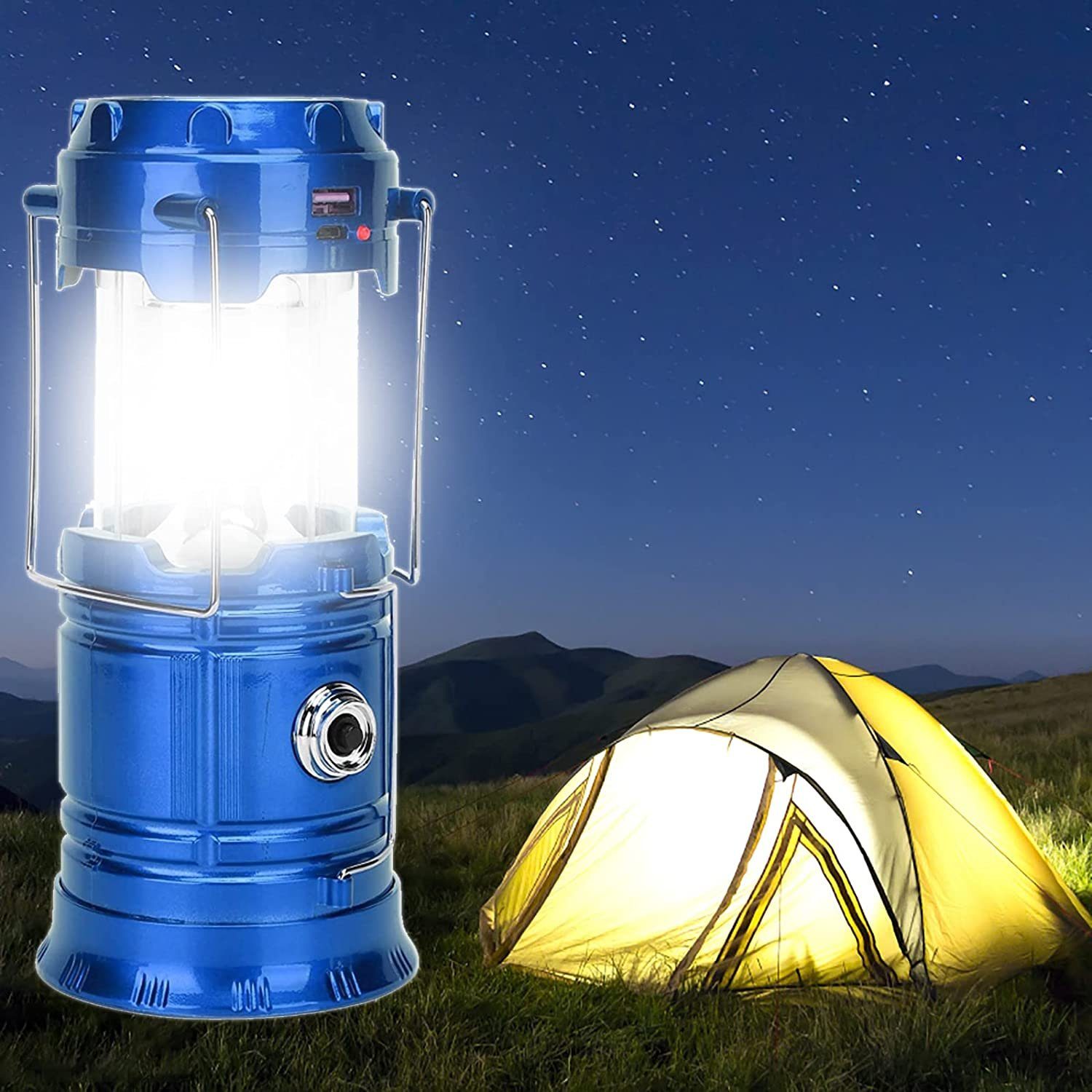 XDeer LED Laterne LED Camping Laterne,USB und Solar wiederaufladbare Lampe, 1200 mah Mutifunktionierte Campinglampe mit Powerbank Blau | Laternen