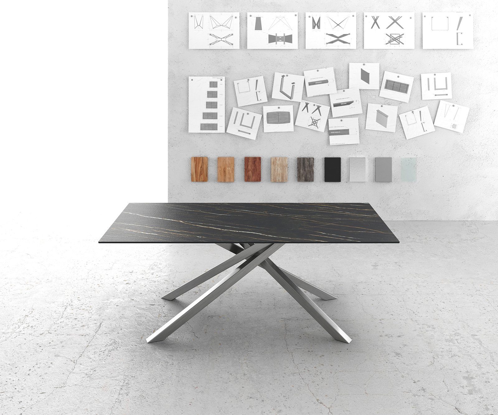 DELIFE Esstisch Edge, Keramik Laminam®Noir Desir Braun 200x100cm Kreuzgestell Rechteck Edels