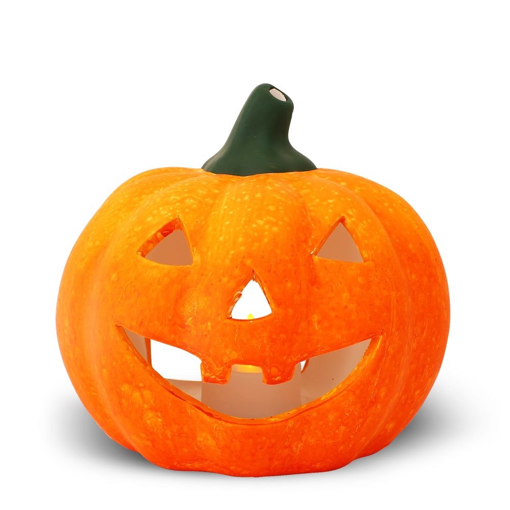matches21 HOME & HOBBY Dekofigur Kürbis-Laterne als LED Halloween-Deko Windlicht in 13x14 cm, Gruseliger Jack-O-Lantern Deko-Kürbis als innen außen Herbst-Deko