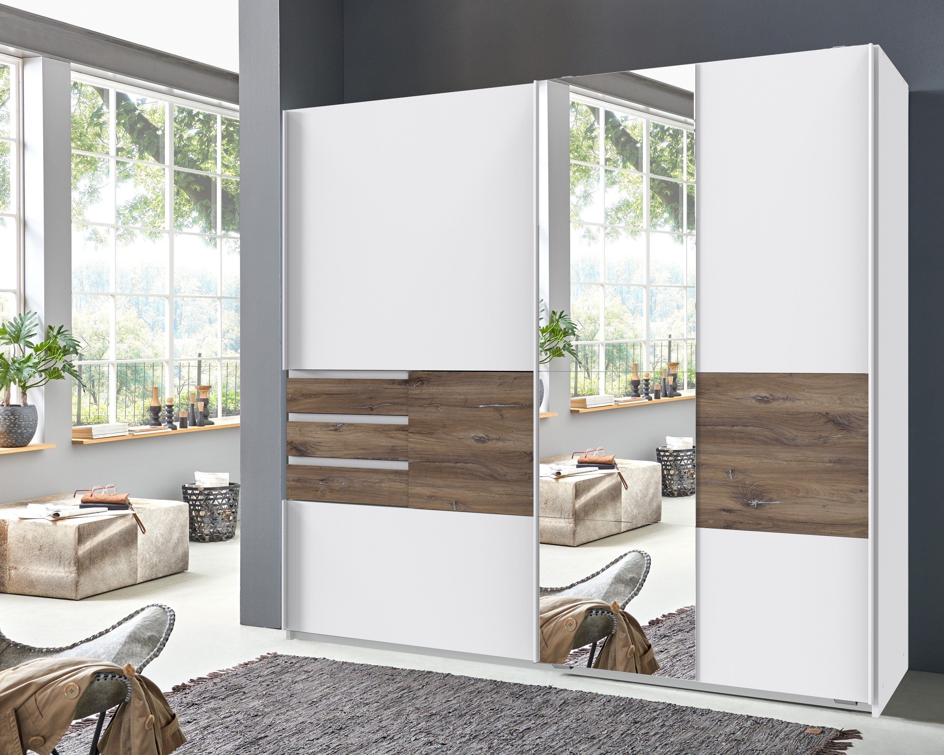 Wimex Schwebetürenschrank in WEISS + FLAGSTAFF EICHE NB mit 3 Schubladen und 2 Türen (BxH: 180x198 cm)