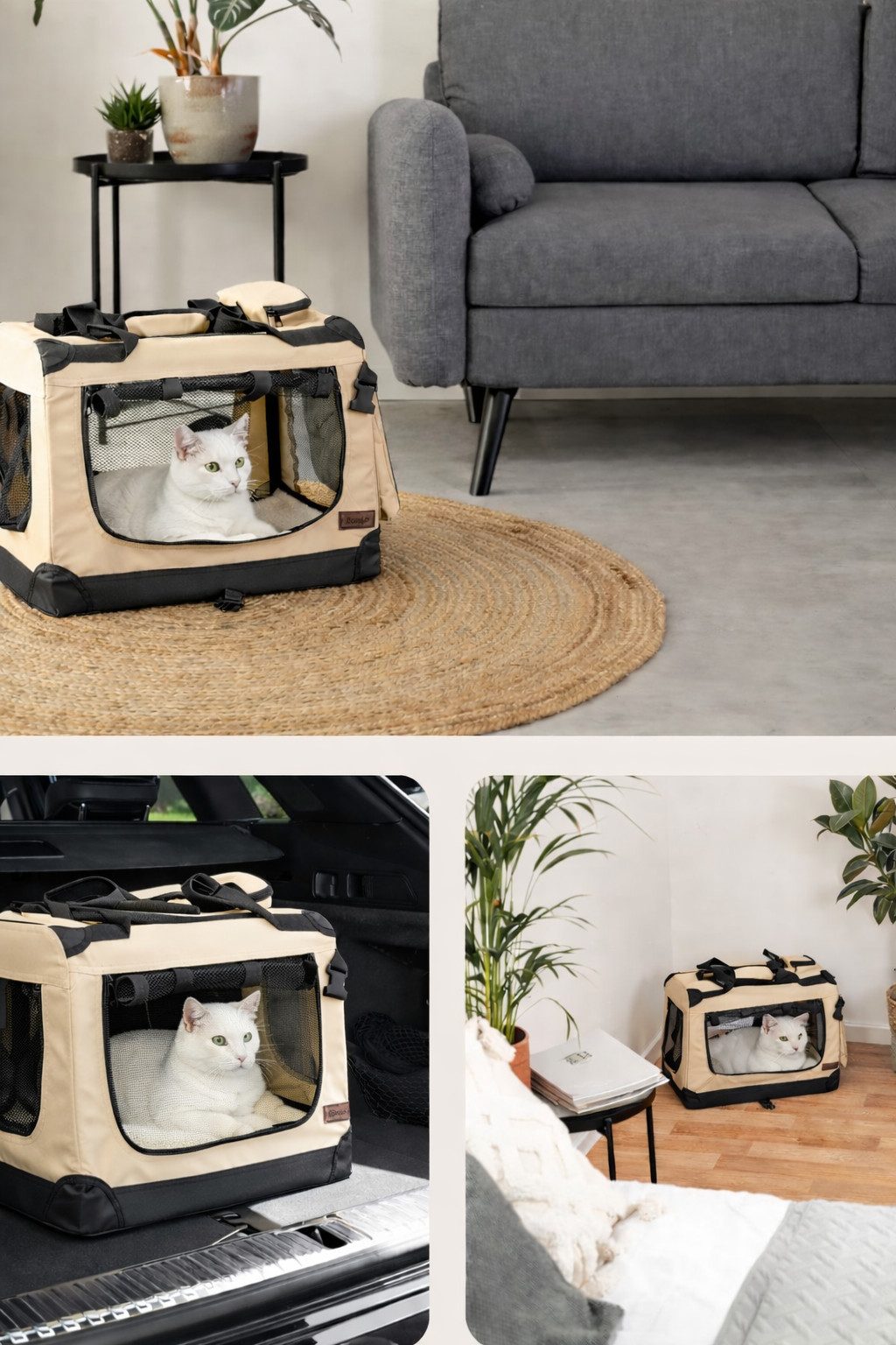 lionto Tiertransportbox für Katzen, leicht und komfortabel aus Textil bis 10 kg, 50x36x34 cm, beige