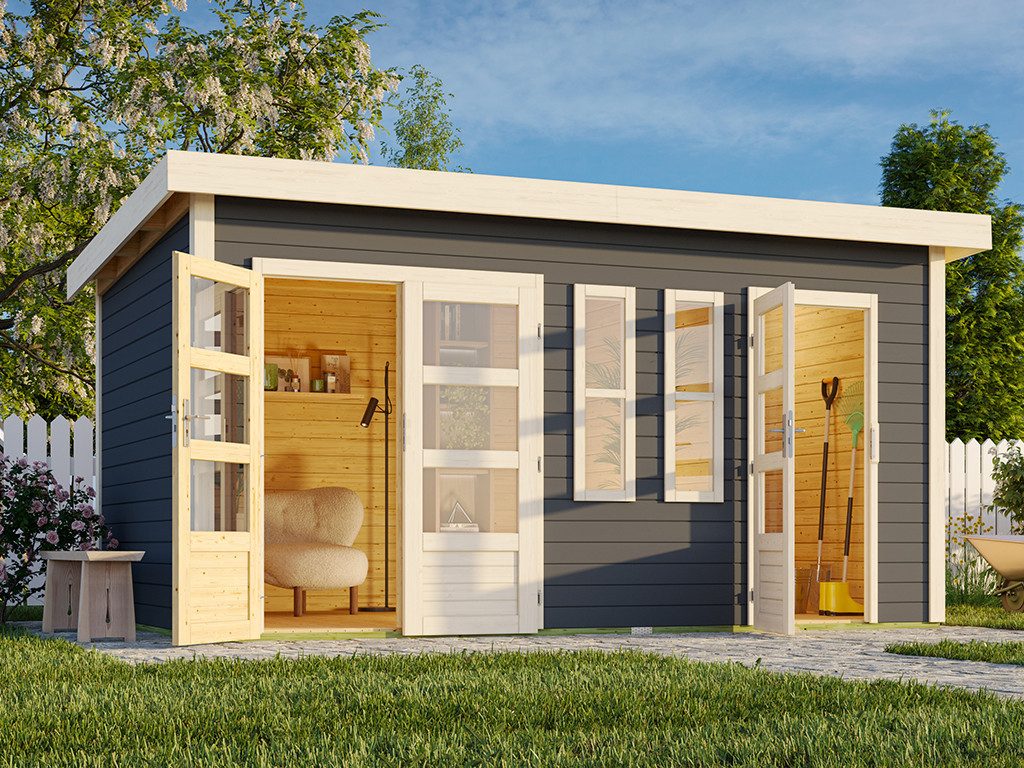 Karibu Gartenhaus Gartenhaus Zweiraumhaus Appelhorn 28 mm terragrau, BxT: 424x274 cm, 28 mm Wandstärke, Einzeltür mit Kunstglas-Einsätzen