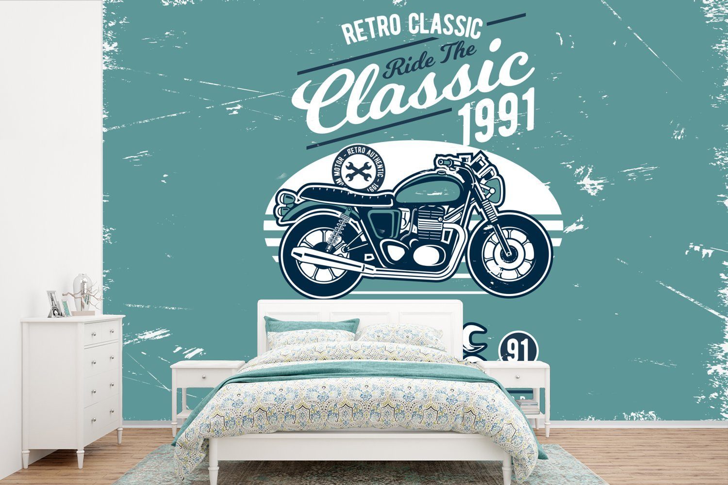 MuchoWow Fototapete Motorrad - Werkzeuge - Retro, Matt, bedruckt, (6 St), Wallpaper für Wohnzimmer, Schlafzimmer, Kinderzimmer, Vinyl Tapete