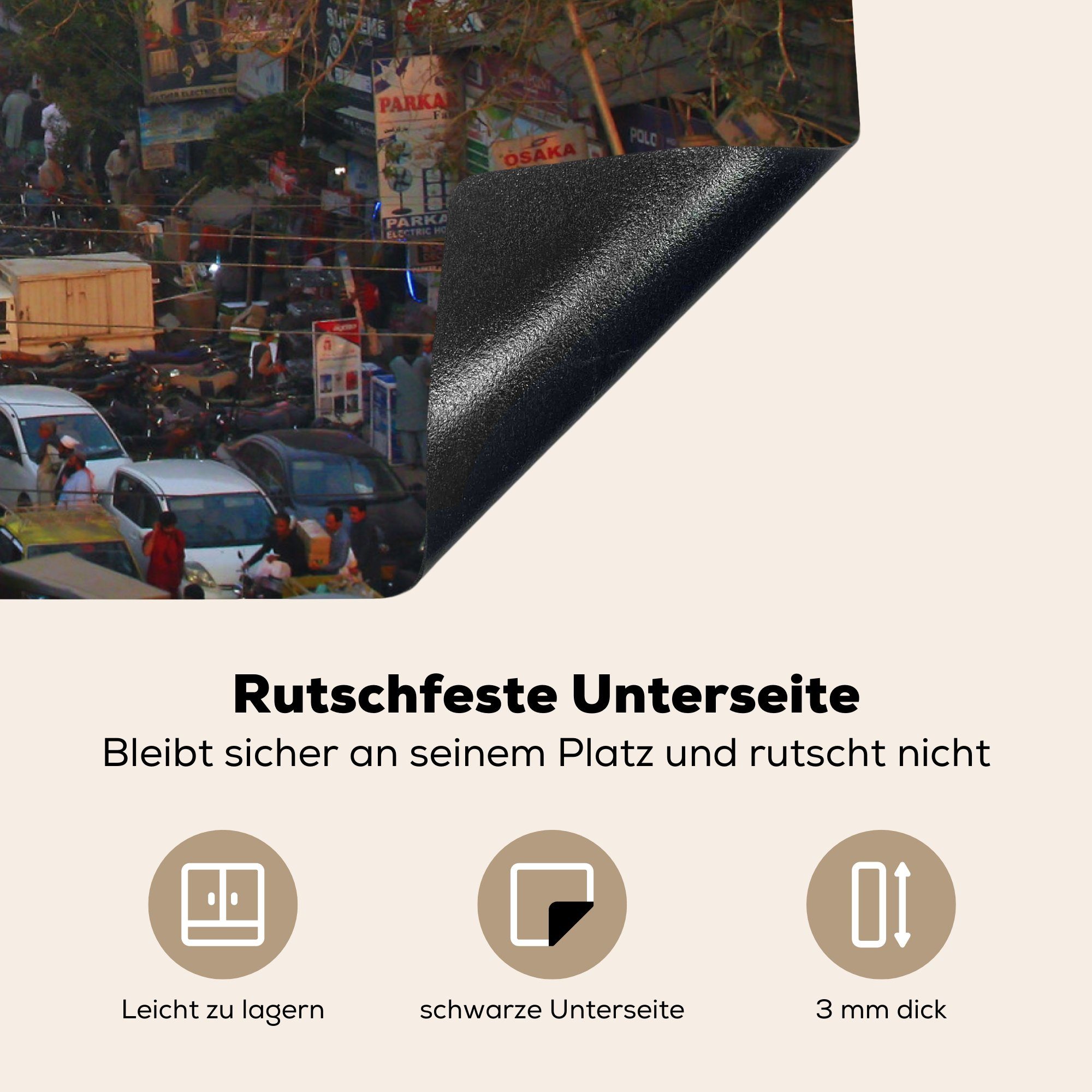 von tlg), Herdblende-/Abdeckplatte Verkehr Arbeitsfläche MuchoWow 70x52 Vinyl, Straßen Ceranfeldabdeckung cm, den nutzbar, (1 Karatschi, Mobile auf Schwerer