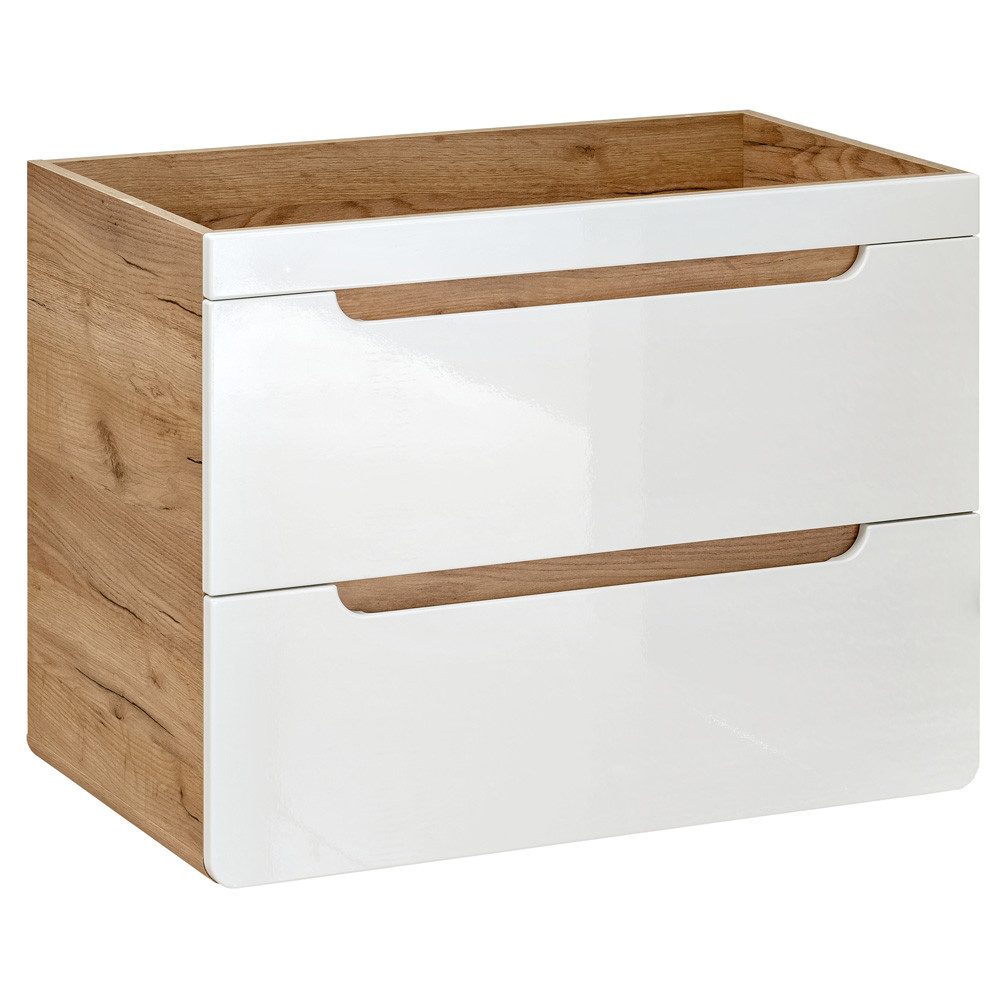 Lomadox Badmöbel-Set LUTON-56, (Spar-Set, 5-St., Hängeschränke Hochschrank Waschbeckenschrank), Hochglanz weiß mit Wotan Eiche, Waschtisch 80 cm