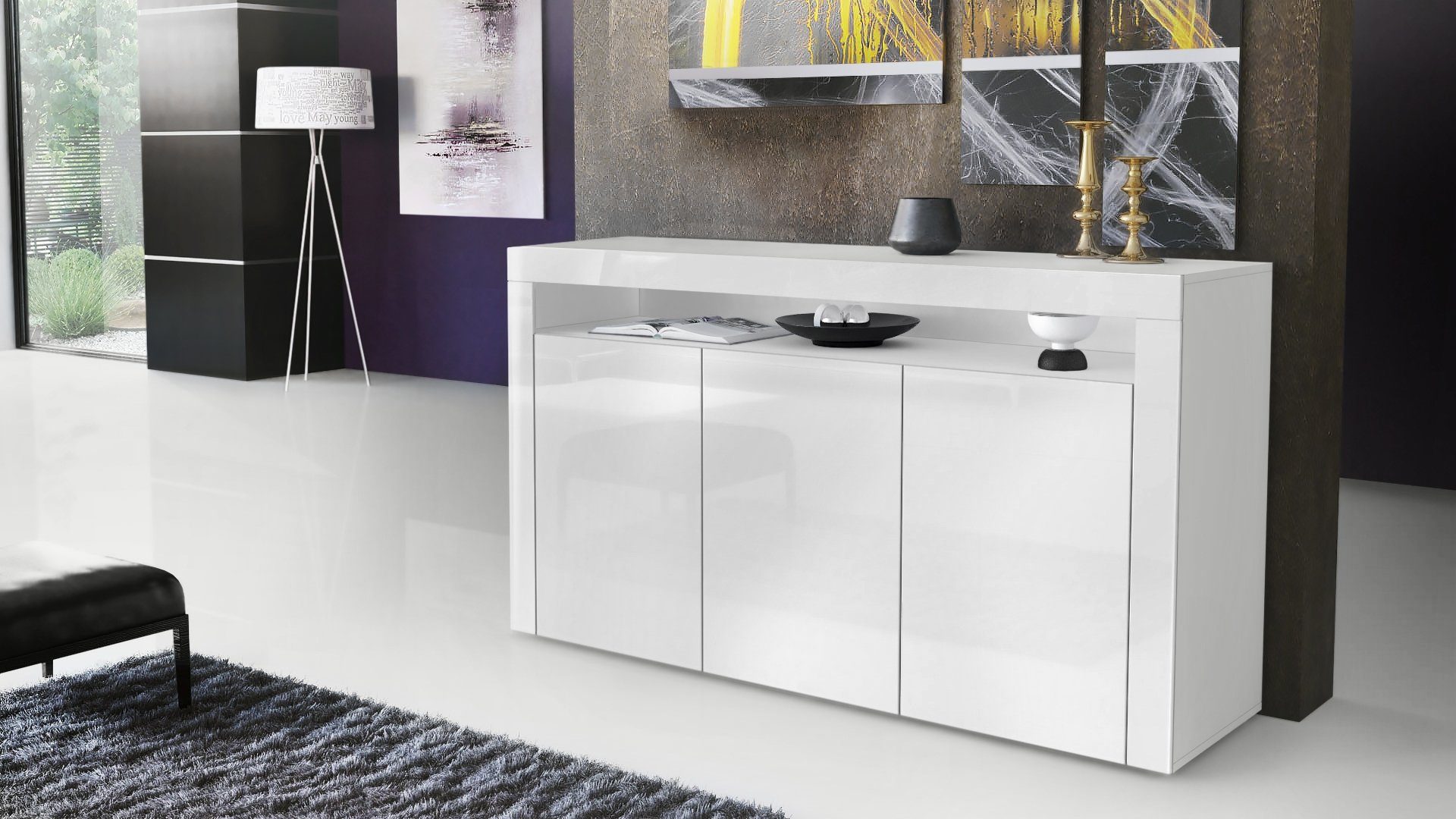 Vladon Sideboard Valencia (Sideboard, mit 3 Türen und 1 offenem Fach), Weiß günstig online kaufen