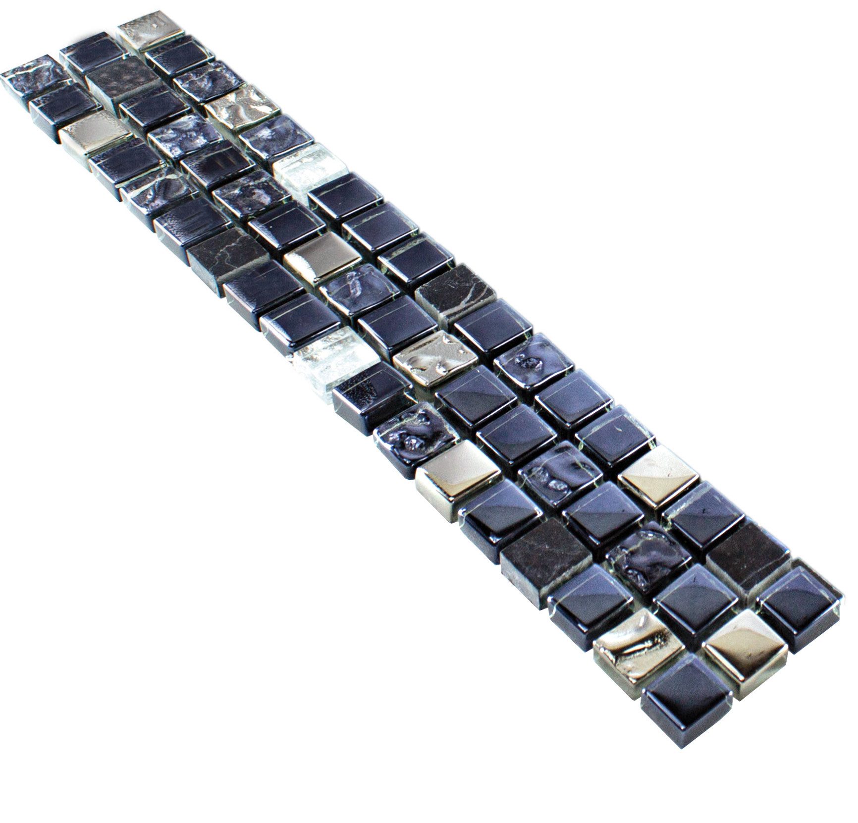 Mosafil Mosaikfliesen Glas Naturstein Fliesenbordüre Marco, Naturstein-Glas-Marmor 30.000x4.800, schwarz-silber, Verlegefertig auf ein Netz geklebt