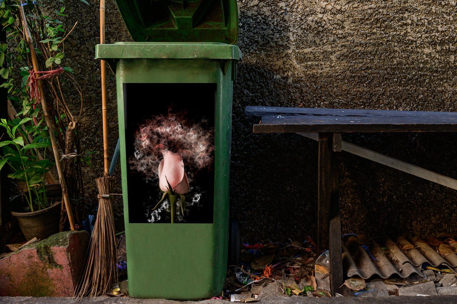 MuchoWow Rosa (1 - Container, Blumen Abfalbehälter - Sticker, Mülleimer-aufkleber, Mülltonne, St), Wandsticker Rauch