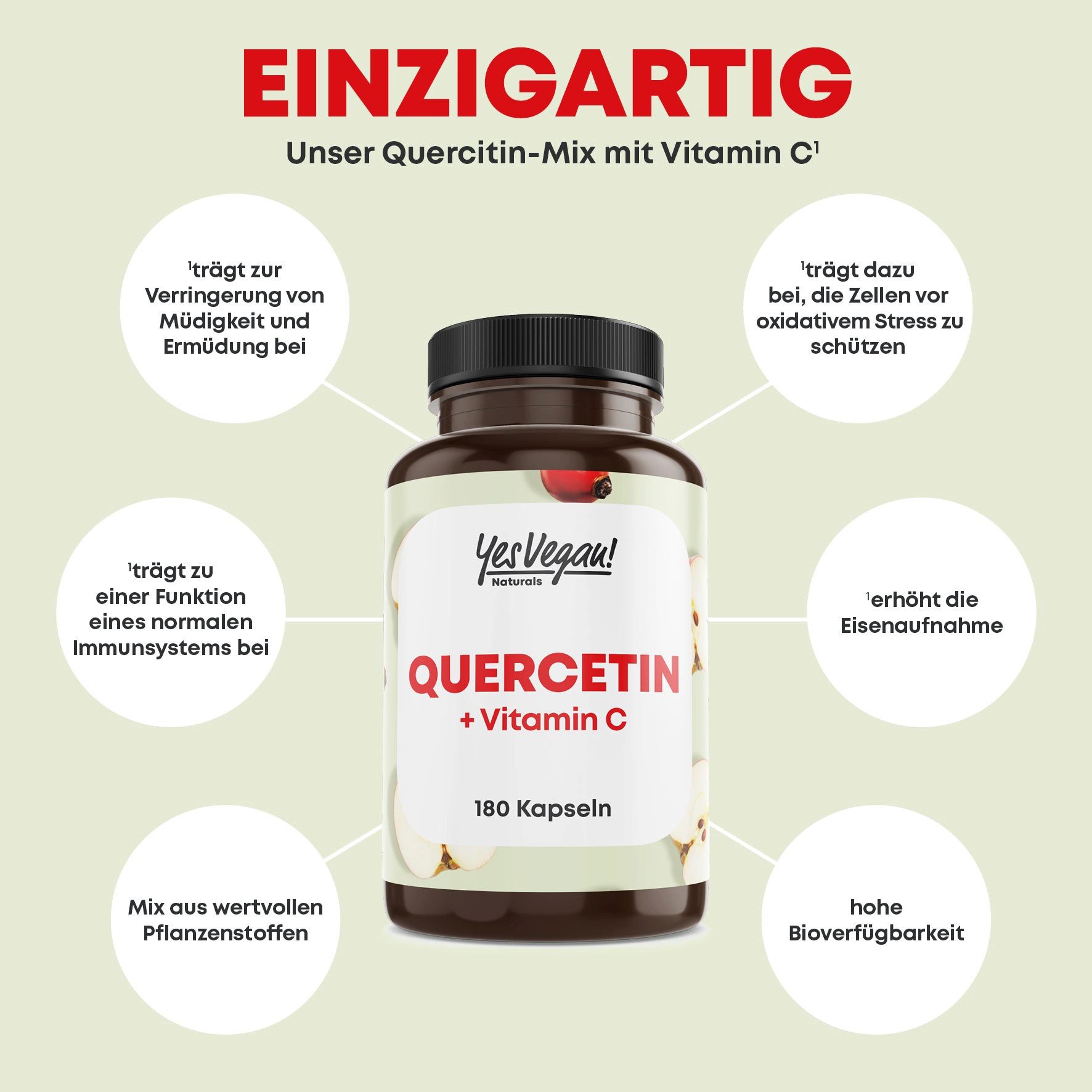 Yes Vegan Quercetin 500 mg + Vitamin C hochdosiert – 180 Kapseln Kapseln, 1 St., 166 g