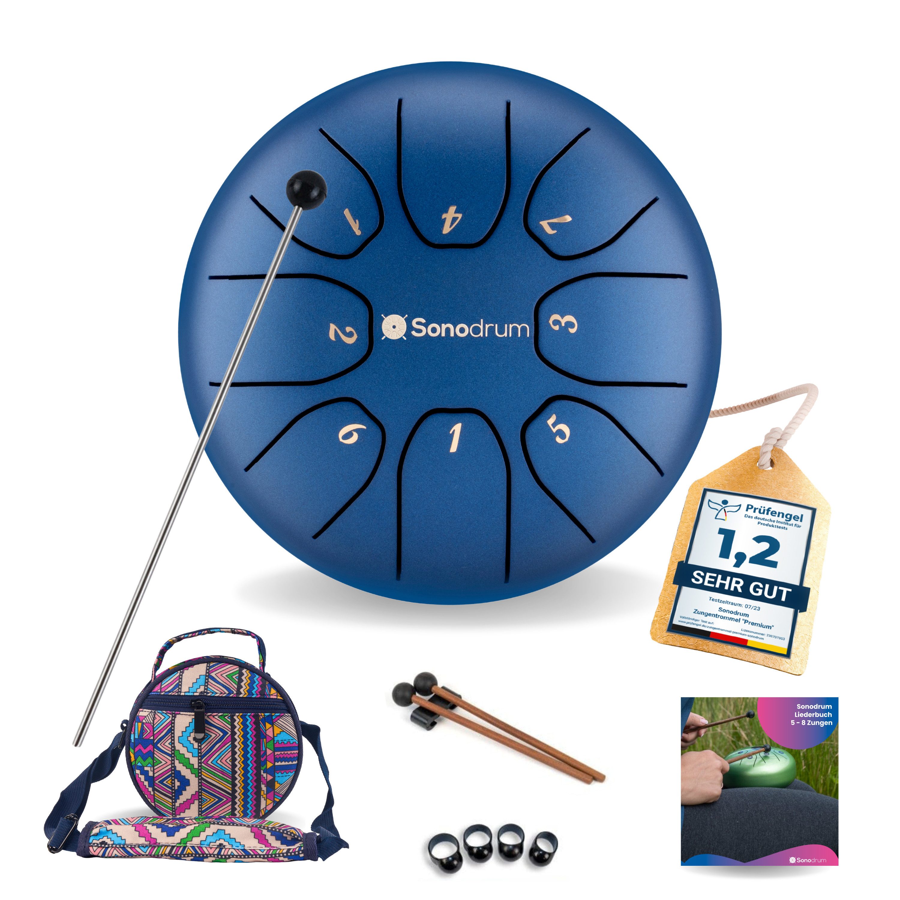 Sonodrum Steel Tongue Drum "Standard", C-Dur, 14 cm, 8 Zungen inkl. Liederbuch und Tragetasche
