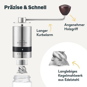 SILBERTHAL Kaffeemühle Manuell Edelstahl, Kegelmahlwerk, 17,00 g Bohnenbehälter, Handmühle aus Edelstahl mit Ersatzglas und Reinigungspinsel