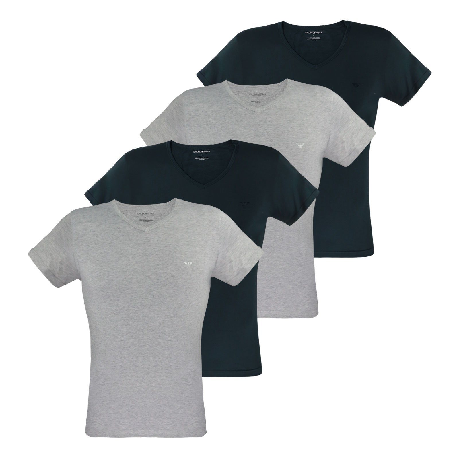 / linken Cotton Pure V-Neck melange Emporio 15935 Armani der auf grey mit Unterziehshirt Logo (4-St) Brust kleinem marine