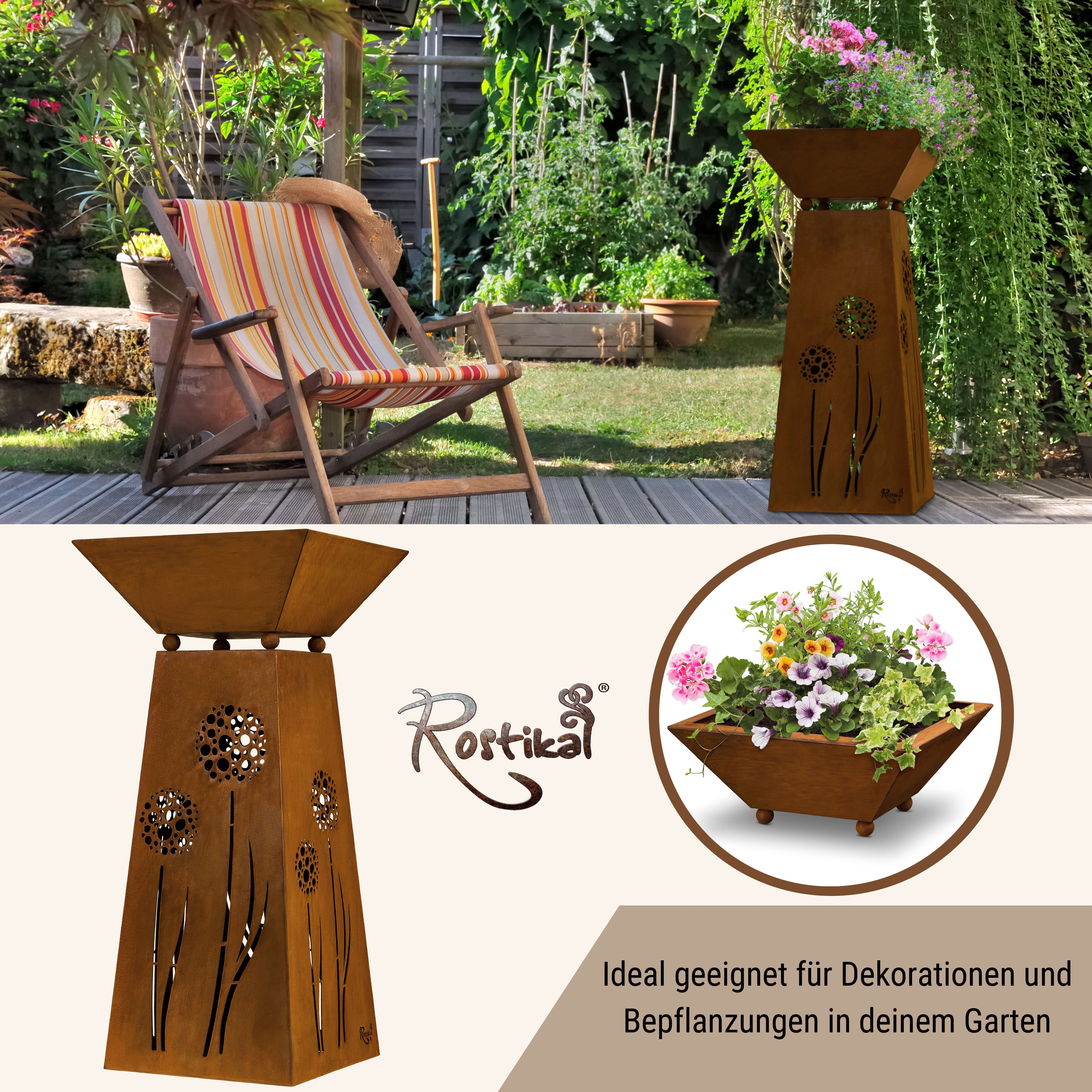 Rostikal Dekosäule Pflanzsäule Edelrost 72 cm mit Pflanzschale – Metall Gartendeko (Set, Set), Konische Metallsäule mit abnehmbarer Schale – wetterfest & standfest
