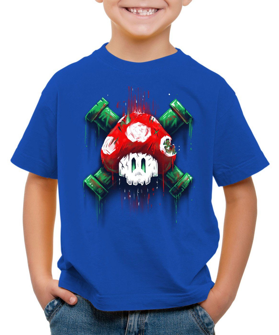 style3 Print-Shirt T-Shirt Kinder videospiel super Totenkopf blau konsole world Mario