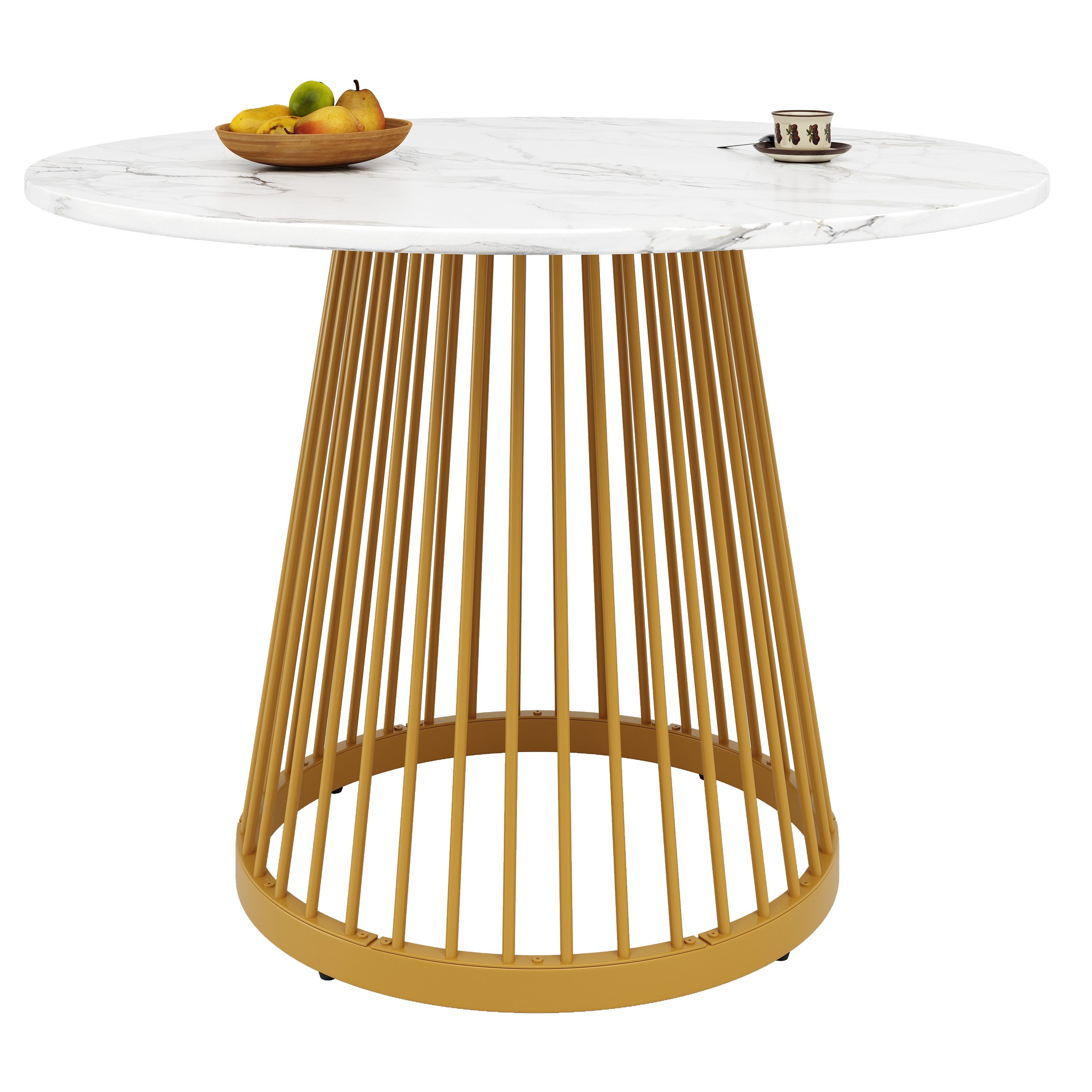 KLAM HOME Esstisch Runder Esstisch (80×80×76cm), Küchen-Esstisch, runder Couchtisch (stilvolle Tischbeine aus Metall, Tischplatte aus MDF-Marmor, Gold), geeignet für Esszimmer, Wohnzimmer