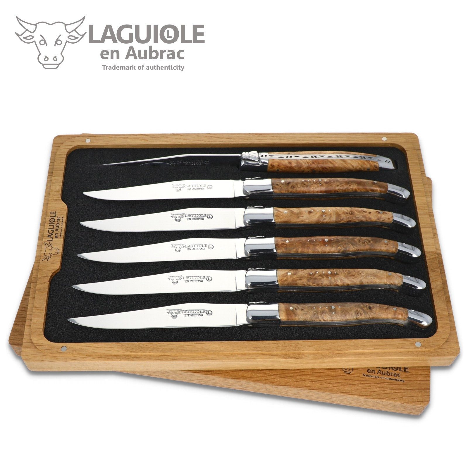 Laguiole en Aubrac Steakmesser 62C99TYIH BRI 6er Set - Griff Linde - Backen glänzend - Klinge glänzend - Holzbox