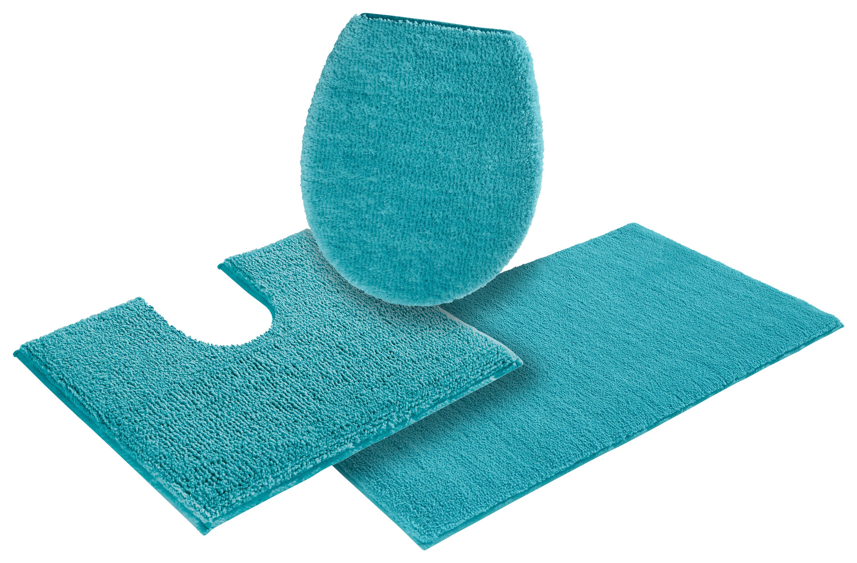 OTTO home Badematte Vanessa, Badvorleger, Badezimmer Teppich, Höhe 10 mm, rutschhemmend beschichtet, schnell trocknend, strapazierfähig, fußbodenheizungsgeeignet, Polyester, rechteckig, 3-tlg. Stand-WC Set, Badteppich, weiche Haptik, unifarben