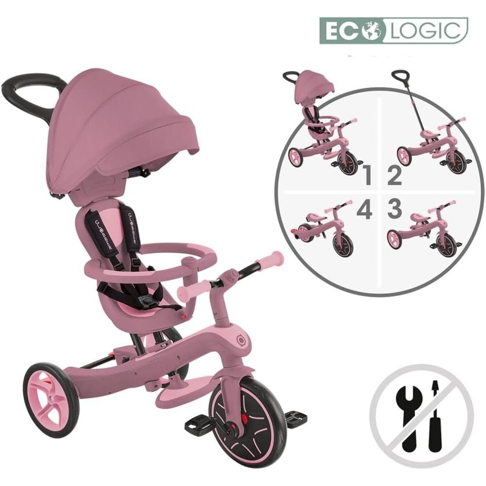 Globber Dreirad-Kinderwagen EXPLORER TRIKE 4in1 ECO Kinderwagen Dreirad Laufrad, Mit 5-Punkt-Gurt, Sicherheitsbügel, Kopfstütze und Hinterradbremse
