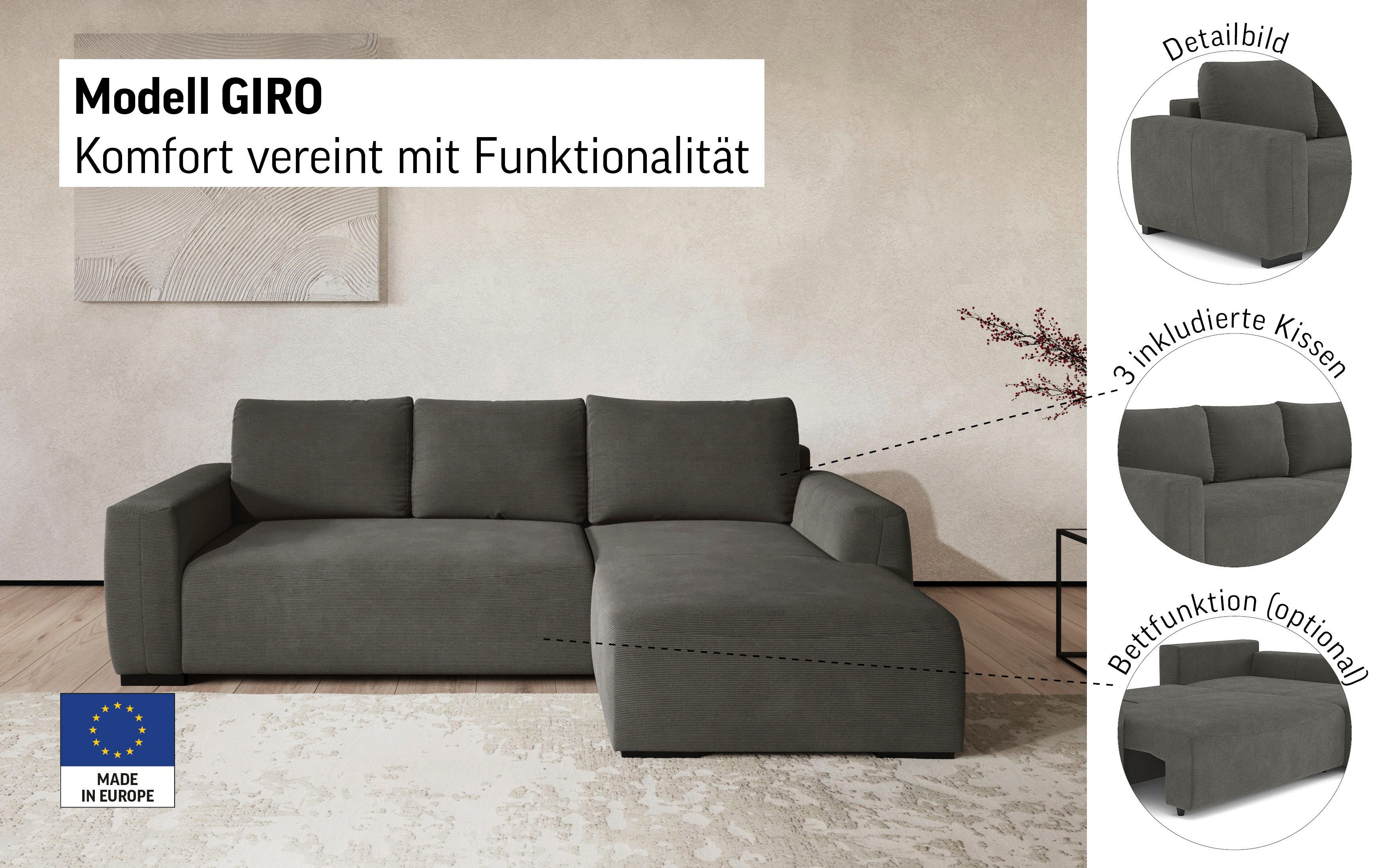 COTTA Ecksofa Giro L-Form, Recamiere, Breite 252 cm, wahlweise mit Bettkasten und Trendbezug CORD!