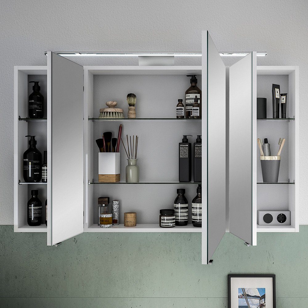 Lomadox Spiegelschrank mit 120cm, LED-Aufsatzleuchte in SOLINGEN-66 weiß Bad, cm Glanz, 120/70,3/17